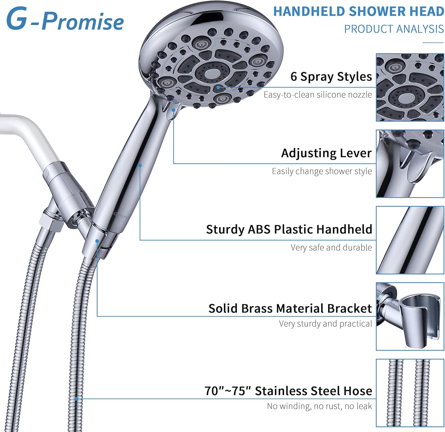 Handheld Shower Head High Pressure 6 Spray Settings, Detachable Hand Held Showerhead 4.9