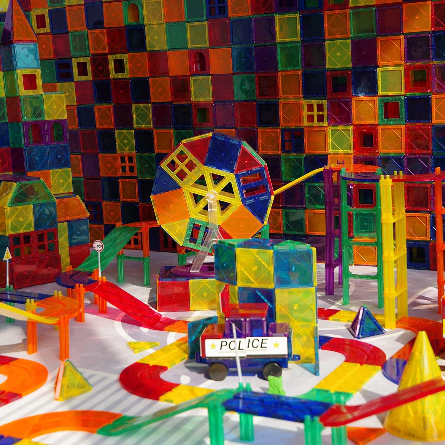 Magnet Toys Compatible Magnetic Tiles Mega Pack with Ferris Wheel and Cars - Magnetic Blocks STEM Learning Building Construction Toddler Kids Toys for 3+ Year Old Boys and Girls