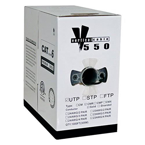 Vertical Cable Cat6, 550 MHz, UTP, 23AWG, Solid Bare Copper,1000ft, Black, Bulk Ethernet Cable