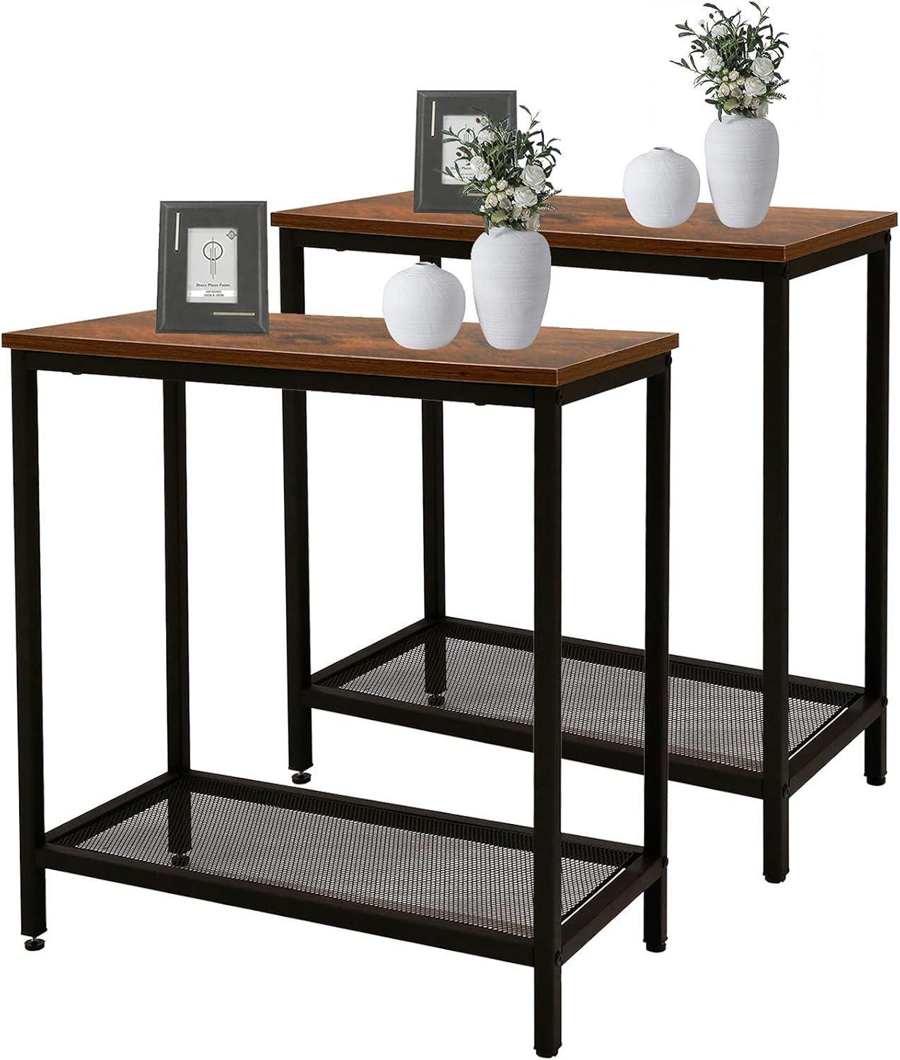 End Tables Living Room Set of 2, Night Stands for Bedrooms Set of 2 Rustic, 2-Tier Side Table with Mesh Shelf, Industrial Narrow Beside Tables for Small Spaces, Rustic Brown