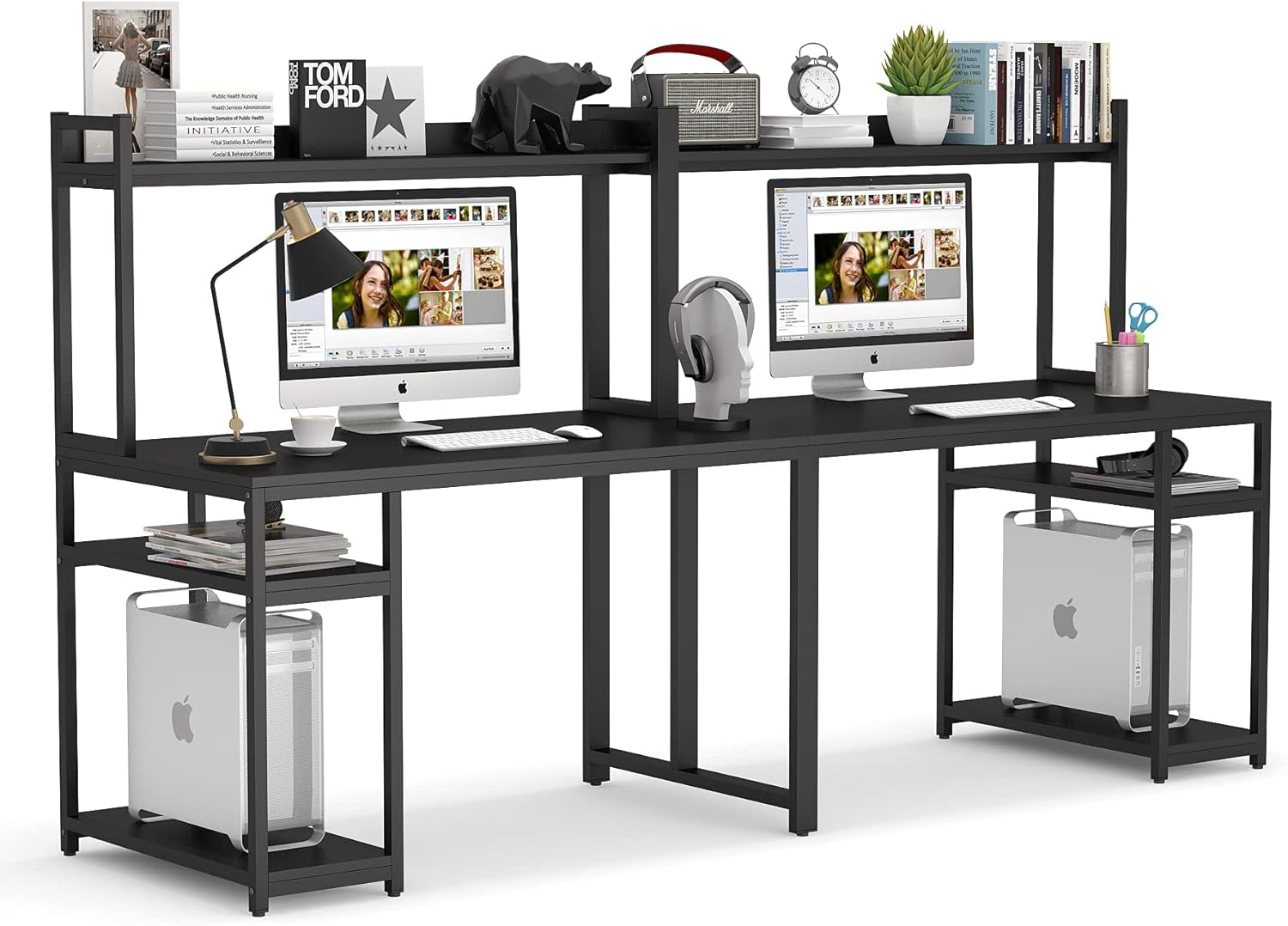 Tribesigns 94.5 inches Computer Desk with Hutch, Extra Long Two Person Desk with Storage Shelves, Double Workstation Office Desk Table Study Writing Desk for Home Office,Black