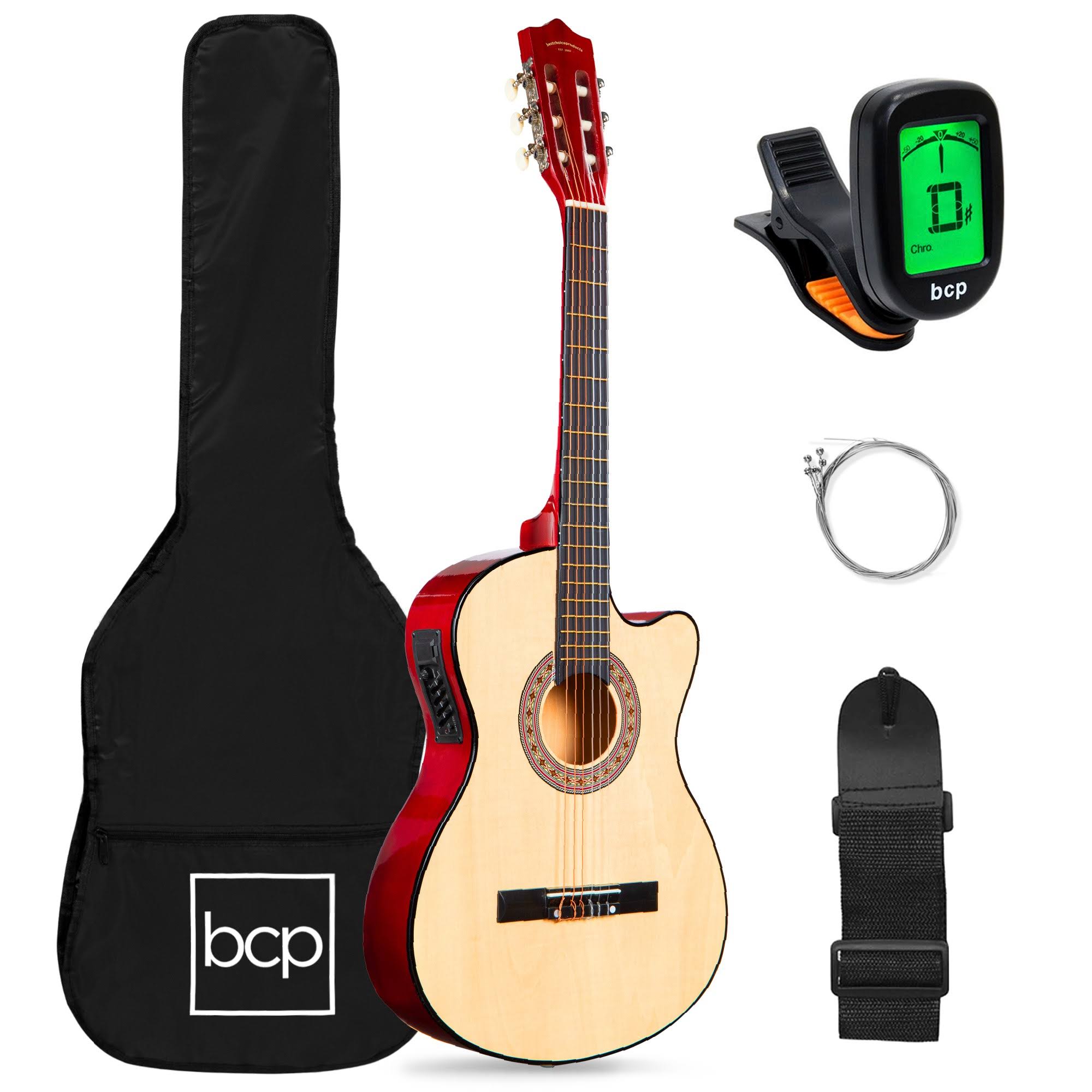 Best Choice Products Beginner Acoustic Electric Guitar Starter Set 38in w/ All Wood Cutaway Design, Case - Natural