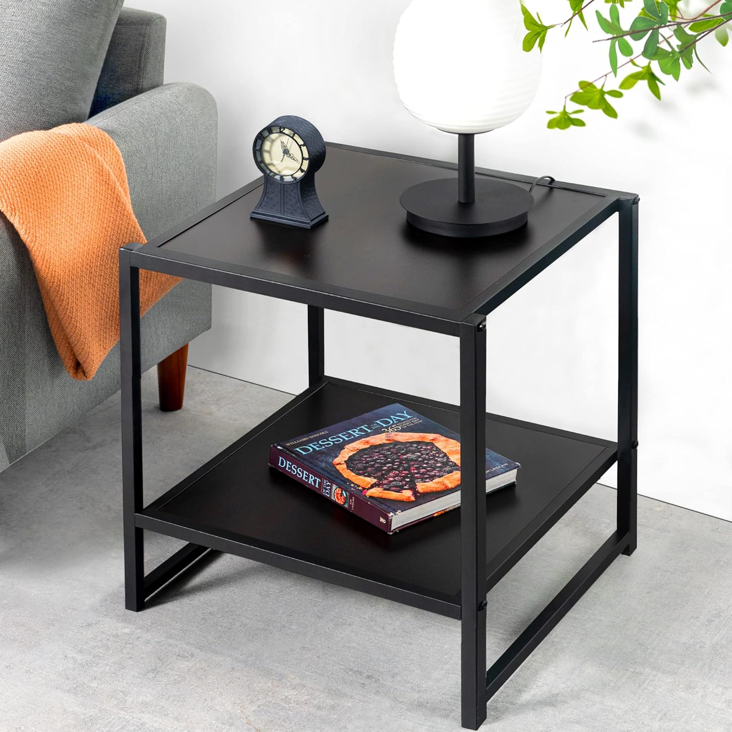 ZINUS Dane 20 Inch Black Frame Side Table with Storage Basket / End Table / Easy Assembly, Red mahogany wood grain