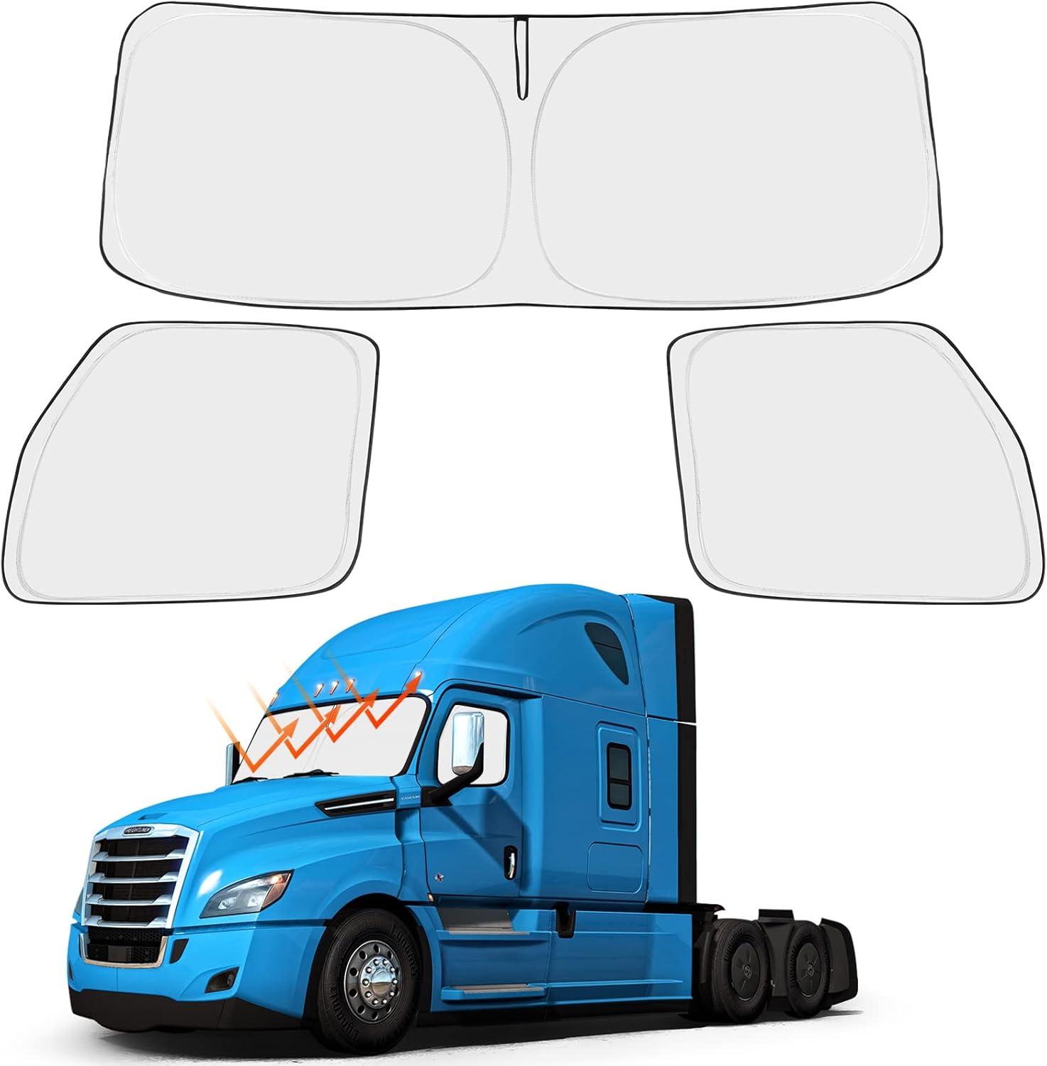 Front Windshield and Side Windows Custom Fit 2018-2021 2022 Freightliner Cascadia, Semi-Truck Semi, Commercial & Big Rig Truck Sun Shade Foldable Sun Protector Privacy Cover Pack of 2
