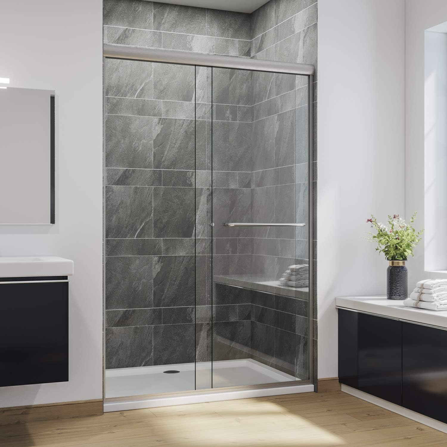 SUNNY SHOWER Glass Shower Door Frameless Double Sliding Shower Glass Door, 1/4 inch Clear Glass Shower Panel, Stainless Steel Hardware, Bathroom Sliding Door, Black Finish 46.5-48 in.W x 72 in.H