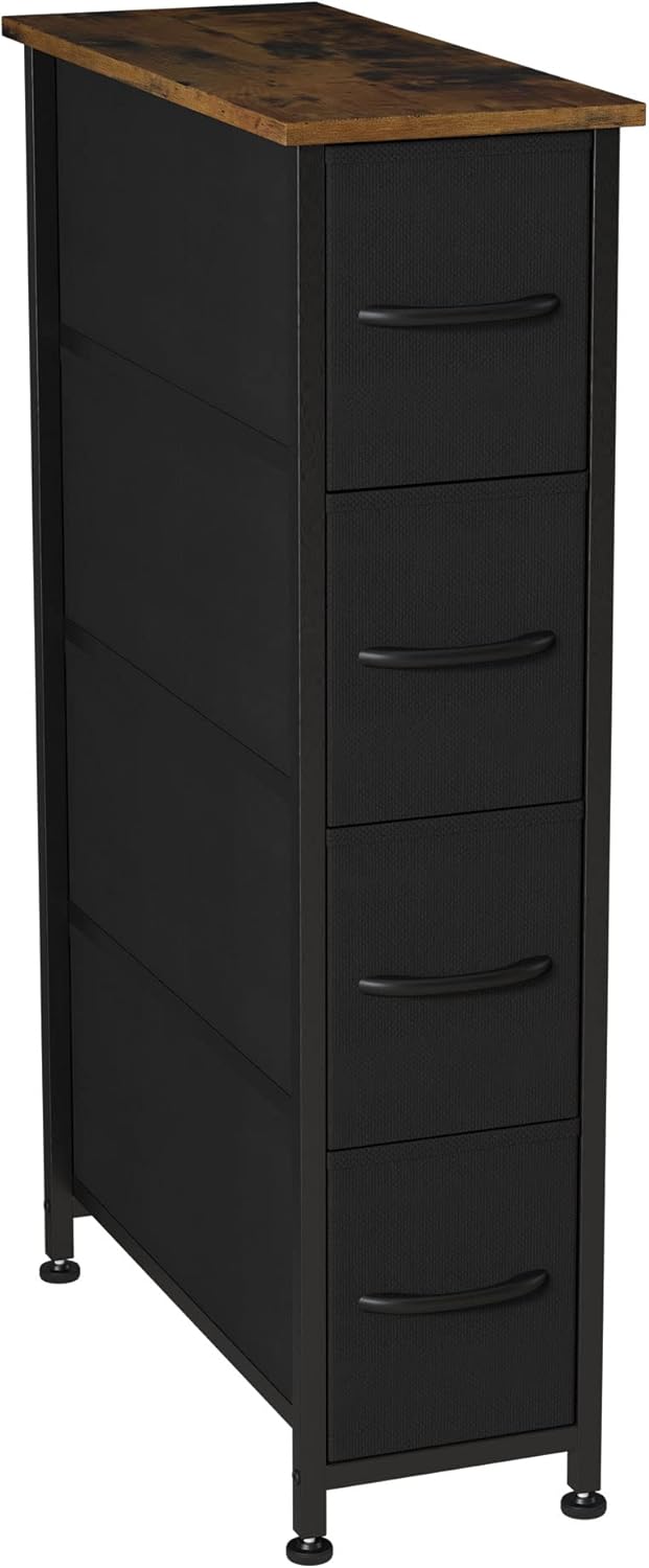 Somdot Narrow Dresser with 4 Drawers, Slim Storage Chest of Drawers with Removable Fabric Drawers for Closet Small Spaces Bathroom Bedroom Laundry, Charcoal Grey/Dark Walnut