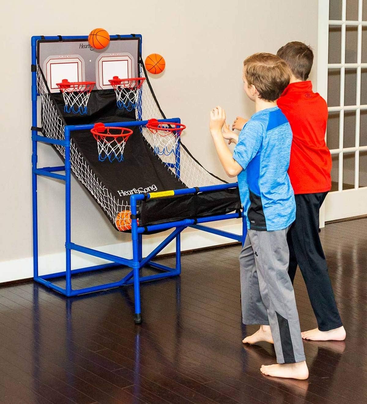 HearthSong Quad Shootout Folding Indoor Basketball Set for Family Indoor Active Play, Includes 6 Balls, 4 Baskets, and Pump