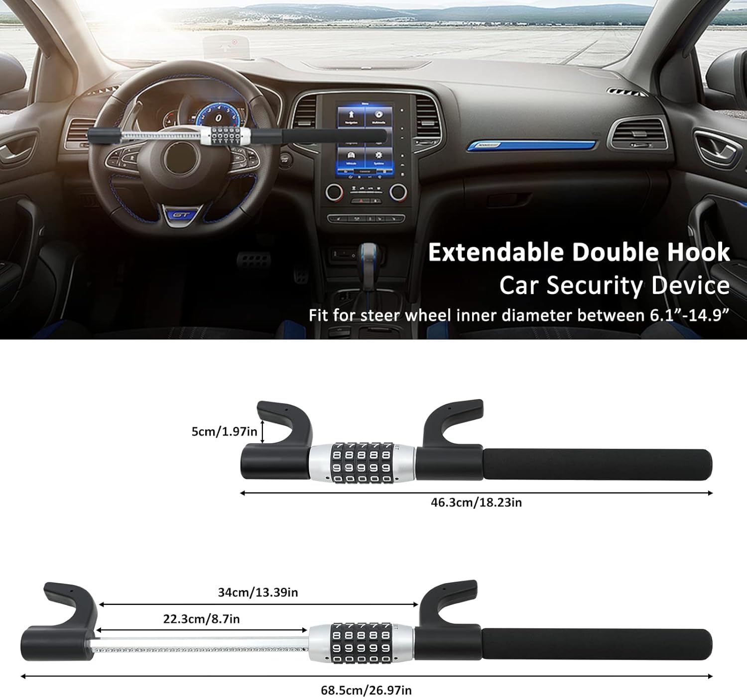 UOBMALL Steering Wheel Lock Anti Theft Car Security Device Retractable Keyless Password 5 Coded Combination Heavy Duty Antitheft Lock Universal Fit Cars Trucks Vans and SUVs