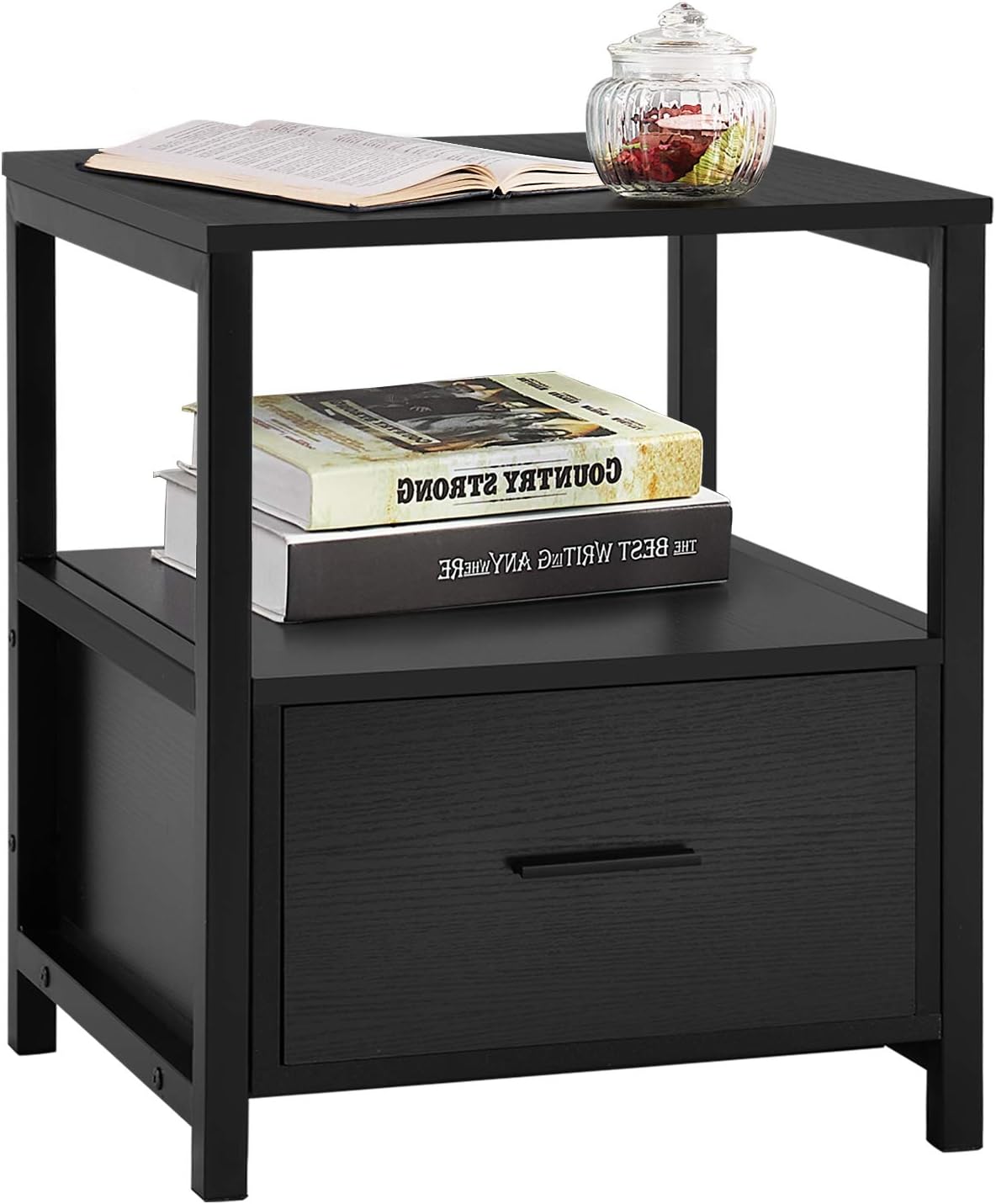 VECELO Modern Nightstand with Drawer Square End, Side Table for Bedroom, Living Room, Small Space, Night Stand with Open Shelf, Stable Metal Frame, Brown