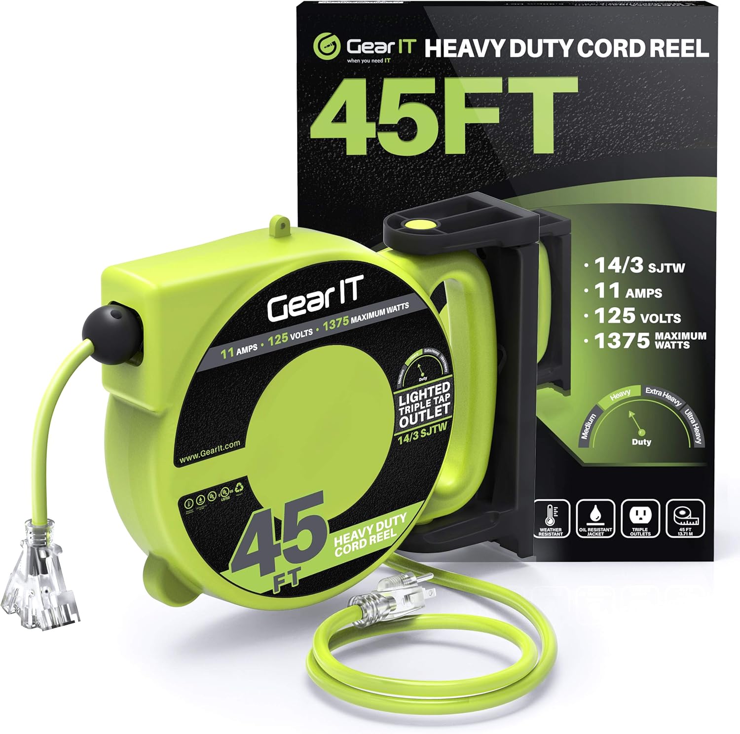 GearIT Retractable Extension Cord Reel (40 Feet) 3 Outlets, LED Power Indicator, 12/3AWG Gauge SJTW, 14-Amps Circuit Breaker, 180 Degrees, UL Listed for Garage Ceiling Mount, Workshop, Power Tool 40ft