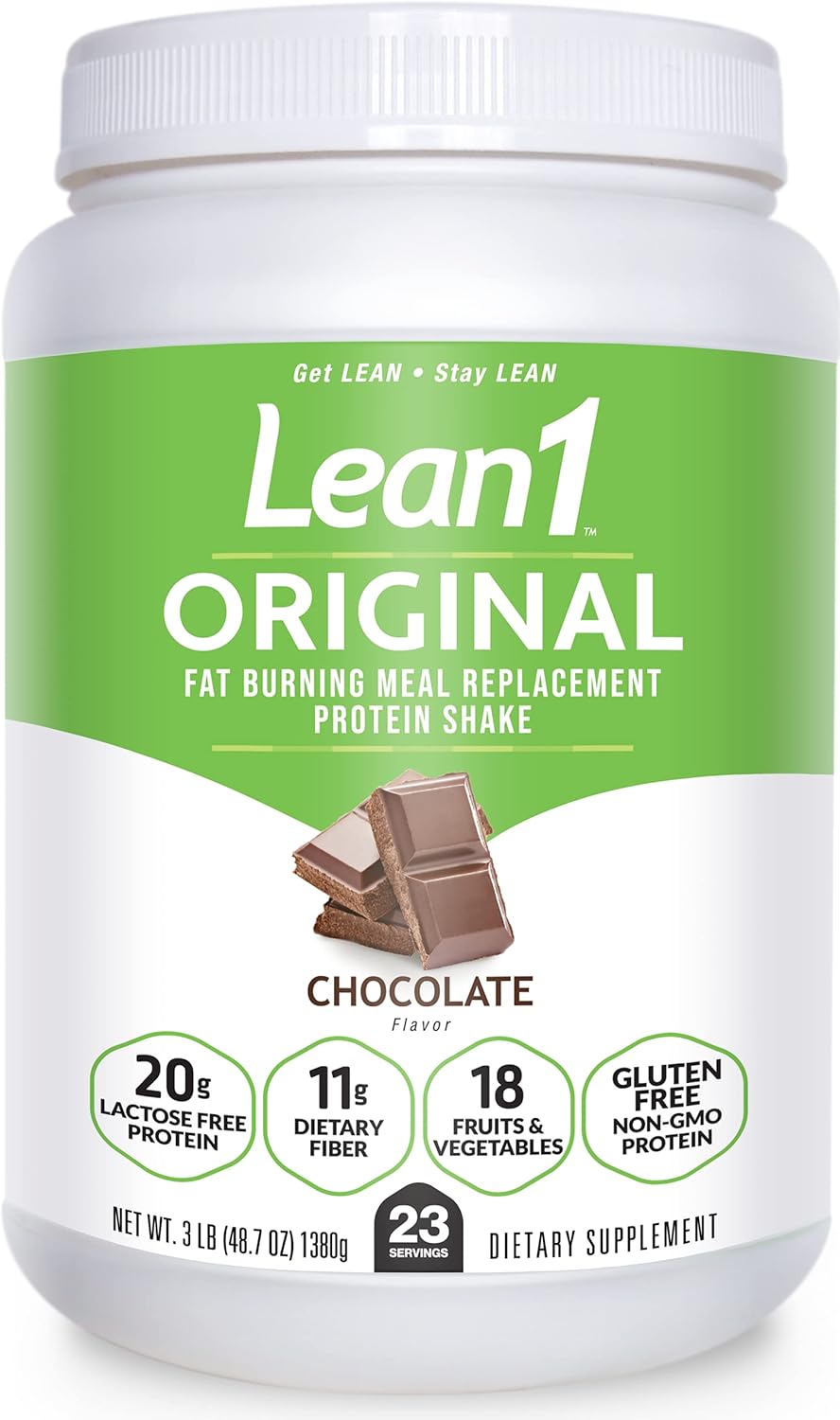 LEAN1 Chocolate Protein Powder Meal Replacement Shakes By Nutrition 53, Lactose & Gluten Free with Green Coffee Bean Extract, 23 Serving Tub - 48.7 oz Pack of 2