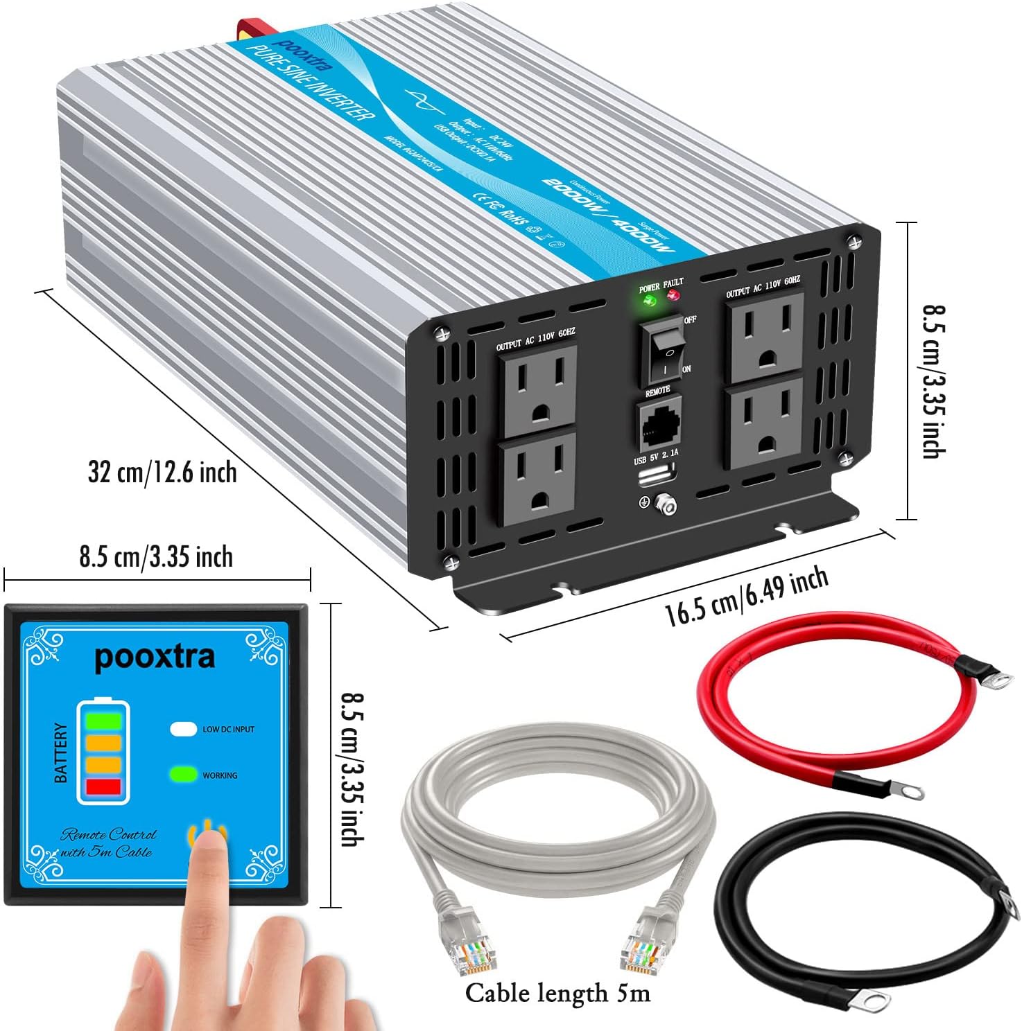 POOXTRA 2000 Watt Pure Sine Wave Inverter 24V DC to 110V Inverter with 4 AC Outlets and 2.1A USB Port & Remote Controller for RV Trucks Boats and Emergency (4000W Peak Power)