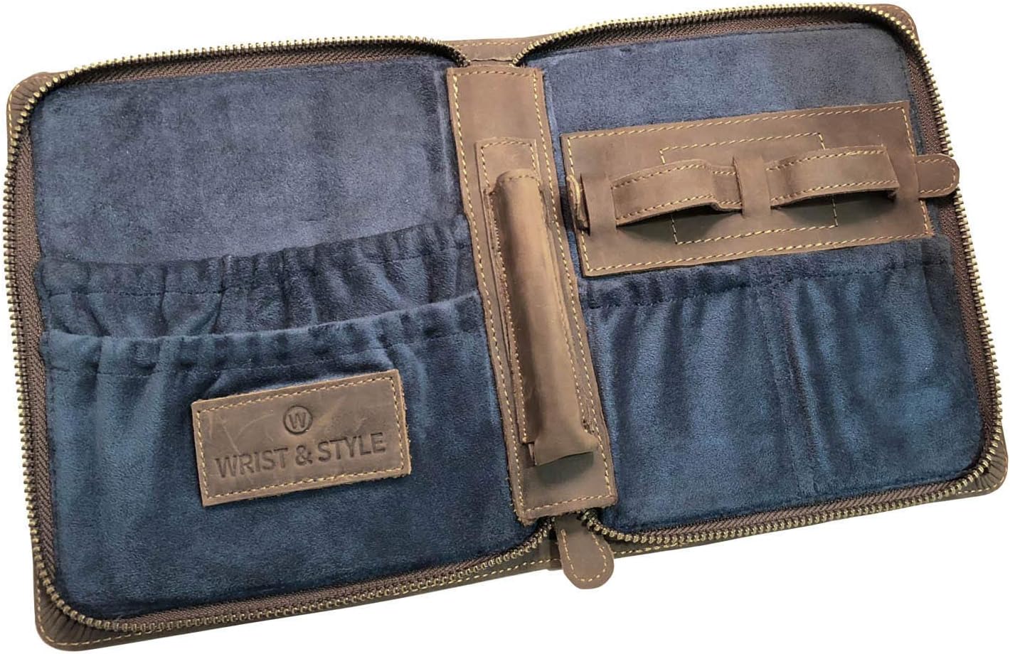 Leather Zipper Watch Case by W&S for Travel and Storage for Watches: Zipper Case Securely Hold Watches Straps, Tools, Passports, Cards and Accessories - Brown Leather, Blue Suede