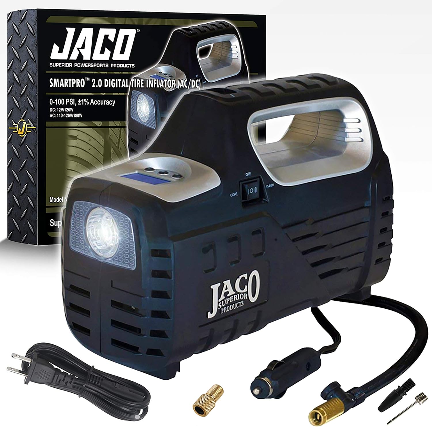 JACO SmartPro 2.0 AC/DC Digital Tire Inflator - Advanced Portable Air Compressor Pump - 100 PSI