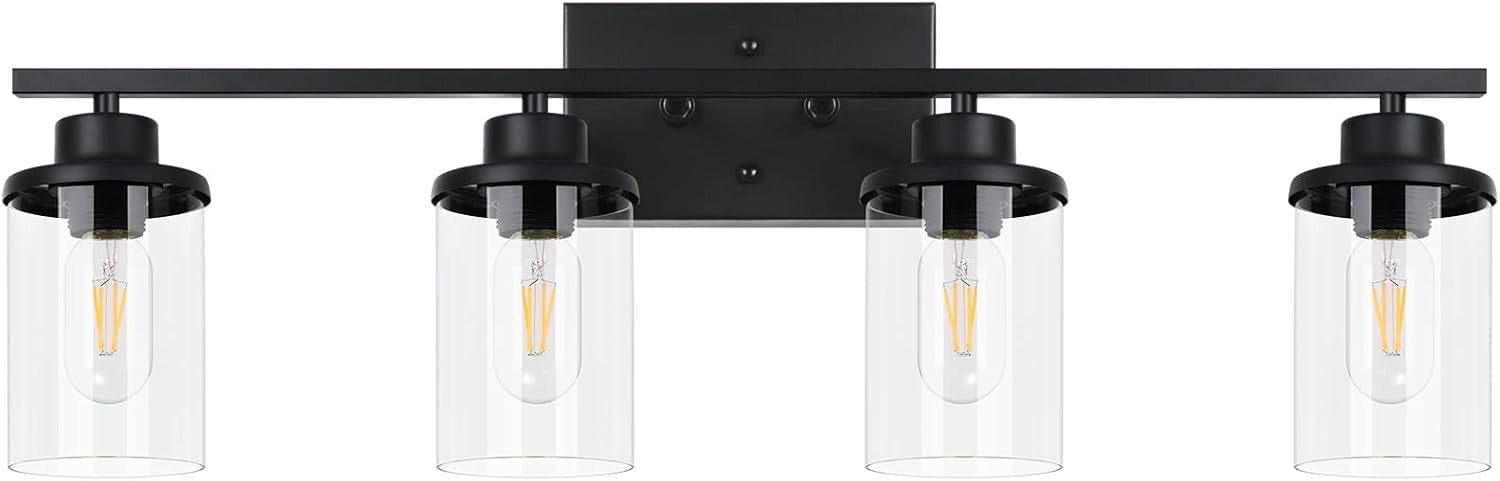 4-Light Bathroom Light Fixtures, TinHon Black Vanity Lights with Clear Glass Shade and Metal Base, Industrial Vintage and Farmhouse Wall Sconces for Hallway in Matte Black, Wall Mounted Lamp