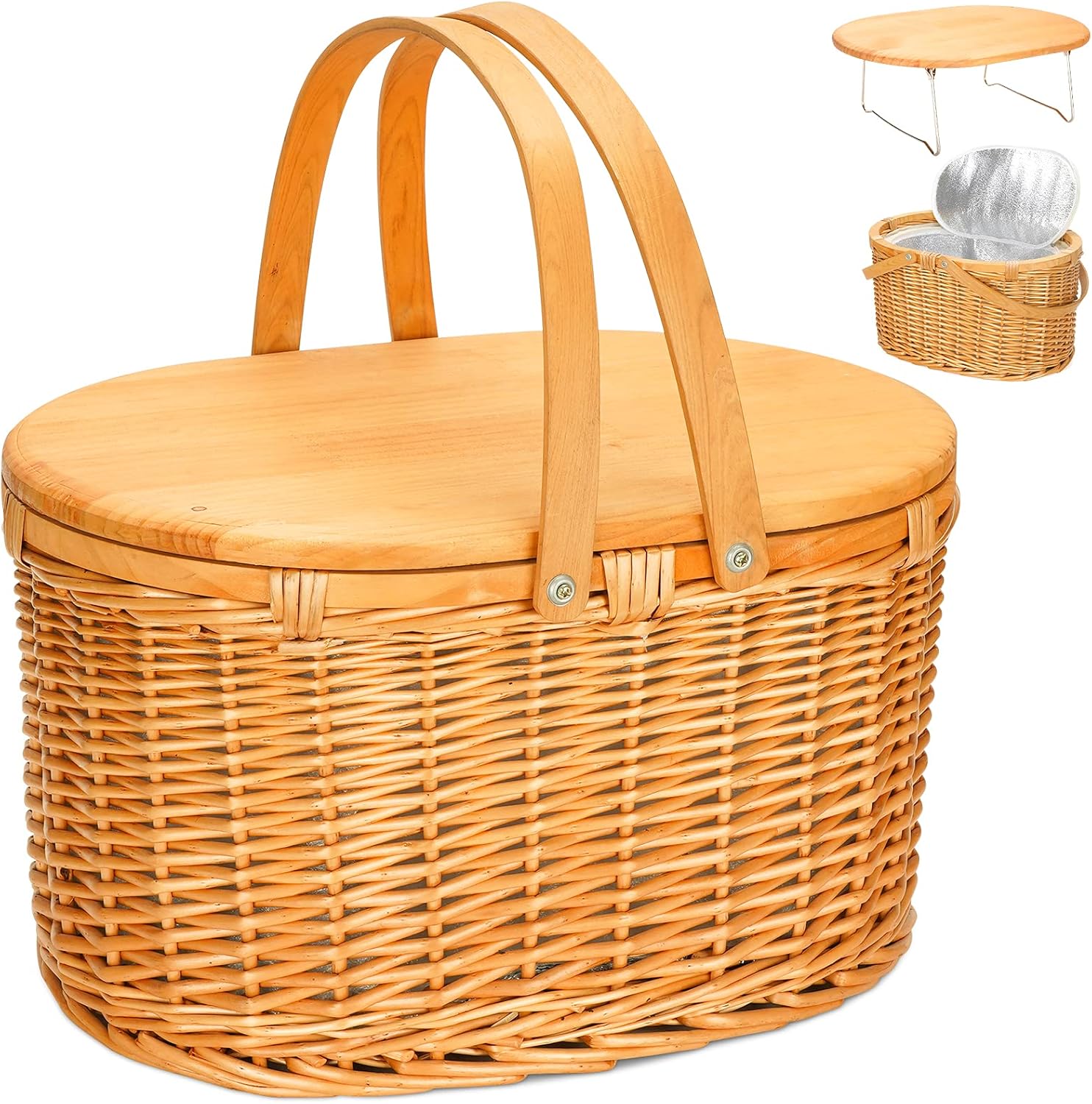 Wicker Cooler Picnic Basket with Wooden Picnic Wine Table, 35L Leakproof Insulated Cooler Compartment Basket with Swing Double Handles, Willow Picnic Hamper Storage for Camping, Party, Wedding Pack of 2