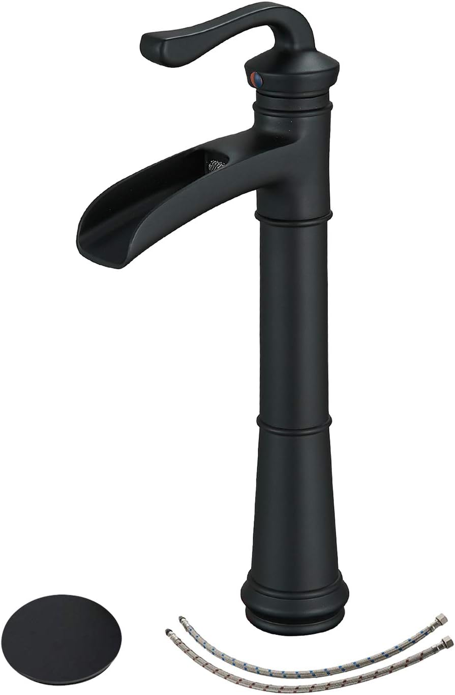 BWE Matte Black Bathroom Faucet with Drain Assembly and Supply Hose Lead-Free Waterfall Vessel Sink Faucet Lavatory Single-Handle Mixer Tap Tall Body