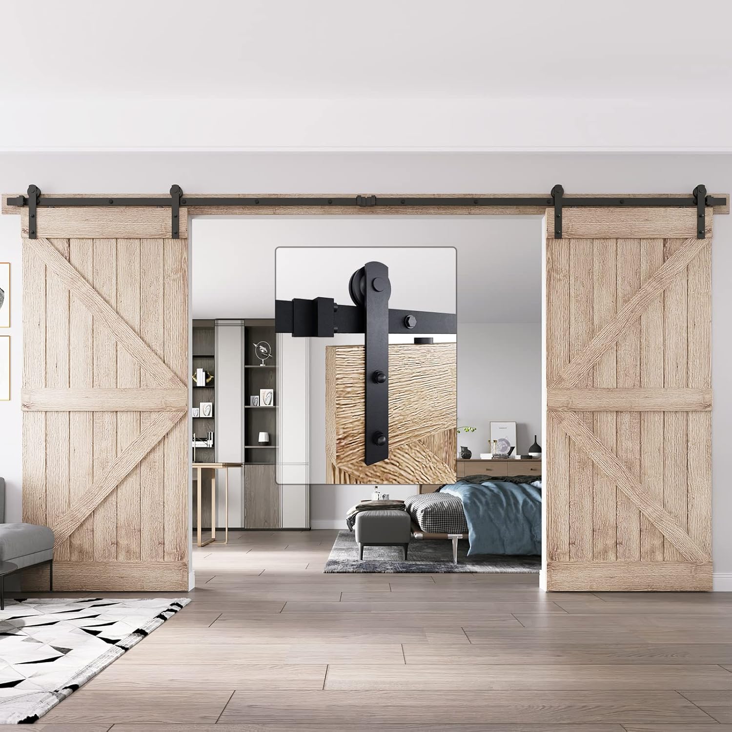 EaseLife 6.6FT Single Track Bypass Double Sliding Barn Door Hardware Kit,I Shape