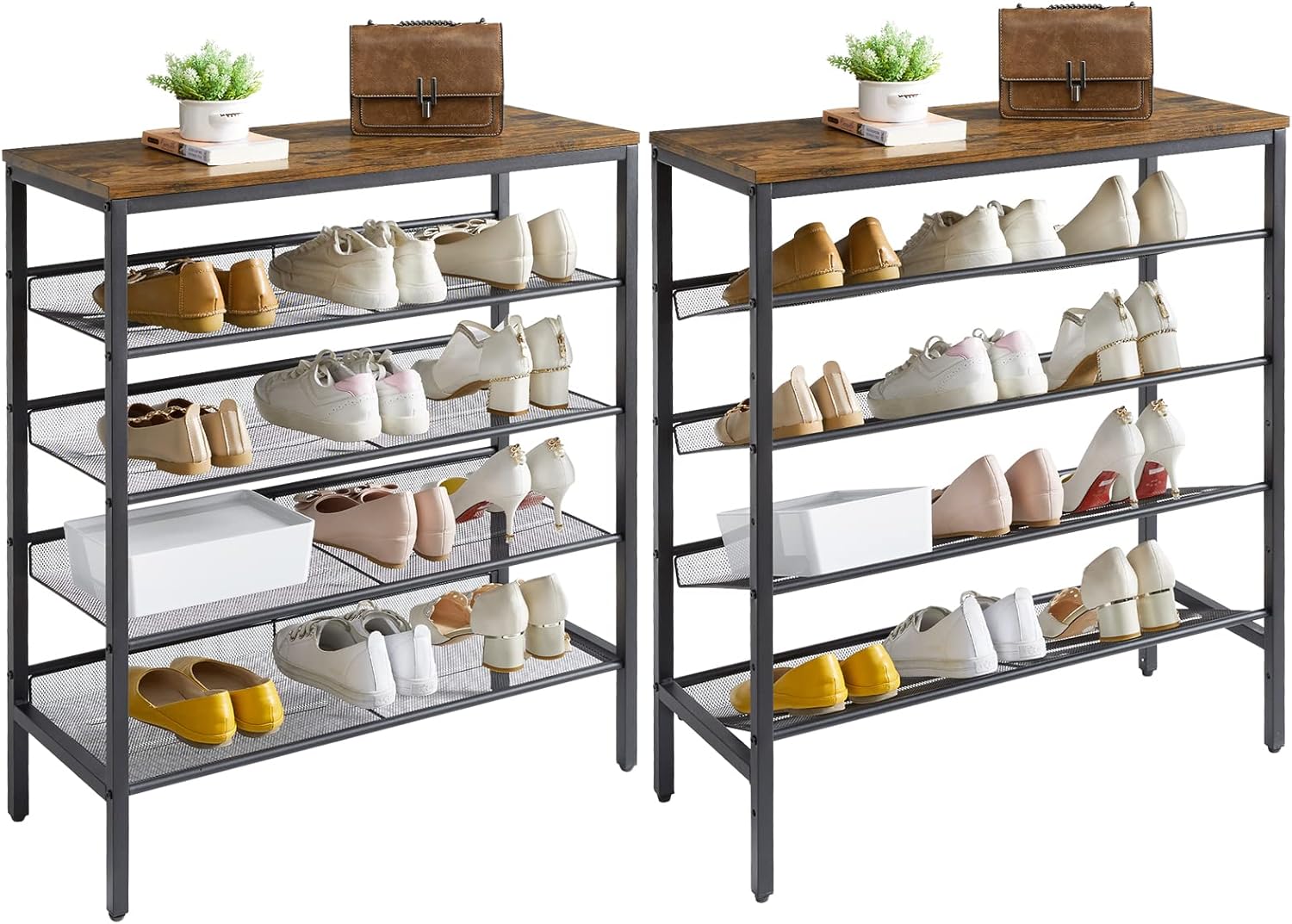 YMYNY Industrial Shoe Rack, 5-Tier Shoe Storage with 4 Mesh Shelves, Flat or Slant Adjustable Shoe Organizer for 16 Pairs, for Entryway, Hallway, Bedroom, Closet, Rustic Brown, HD-UHTMJ083H