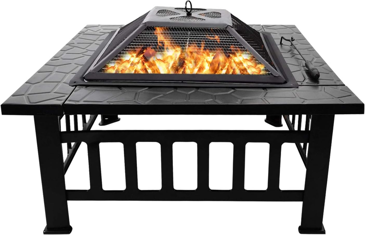 Fire Pit 32inch Portable Outdoor Firepit Steel BBQ Grill Fire Bowl Square Wood Burning Fire Pits Table for Camping Patio Backyard Garden Picnic Bonfire