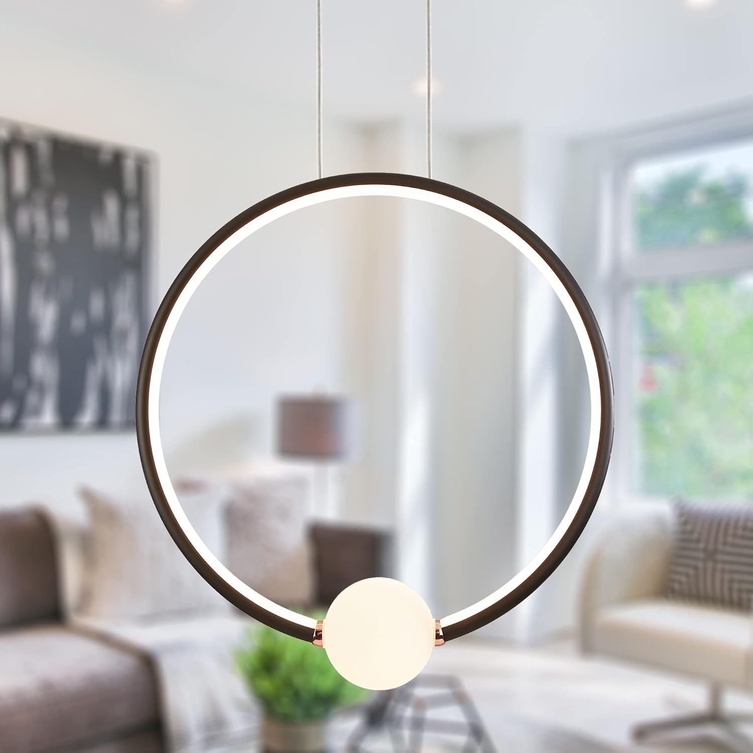 KINGLONG LED Pendant Light Modern Black Chandelier Light Fixture 1 Ring Adjustable Height for Kitchen Island Dining Room Living Room Bedroom