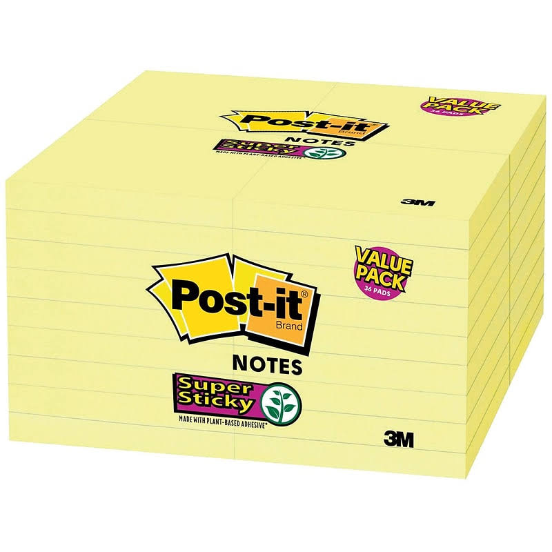 Post It Super Sticky Notes, 3 inch x 3 inch, Canary Yellow, Pack of 36 Pads