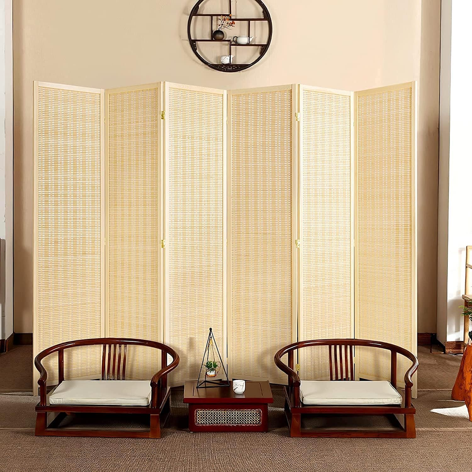 Jolydale Privacy Bamboo Screen,6Ft Space Separator, Free-Standing Room partition, Folding Wall Divider, Double Hinged, Privacy Partition 6 Screen Panel, Yellow