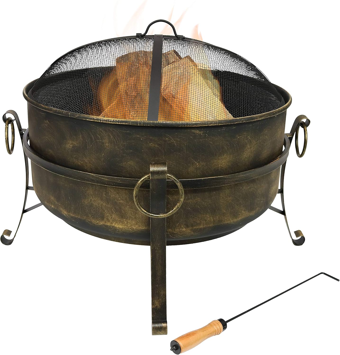 Sunnydaze Cauldron Outdoor Fire Pit - 24 Inch Deep Bonfire Wood Burning Patio & Backyard Firepit for Outside with Round Spark Screen, Fireplace Poker, and Metal Grate