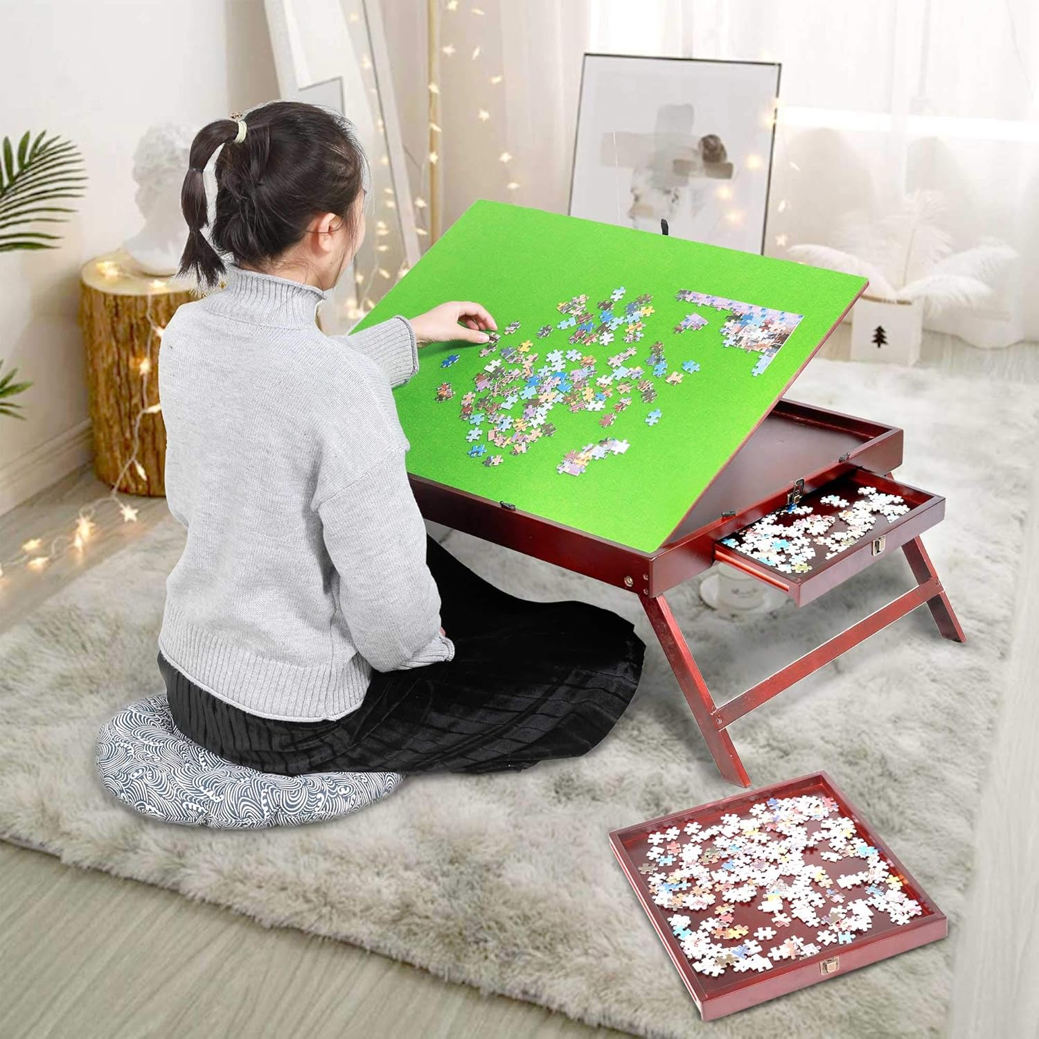 Fanwer Puzzle Table Wooden Jigsaw Puzzle Tables for Adults Portable Large with 2 Sliding Drawers and Tilting Board Folding Puzzle Board with Non-Slip Surface Up, to 1000 Pieces Small Puzzle Pieces