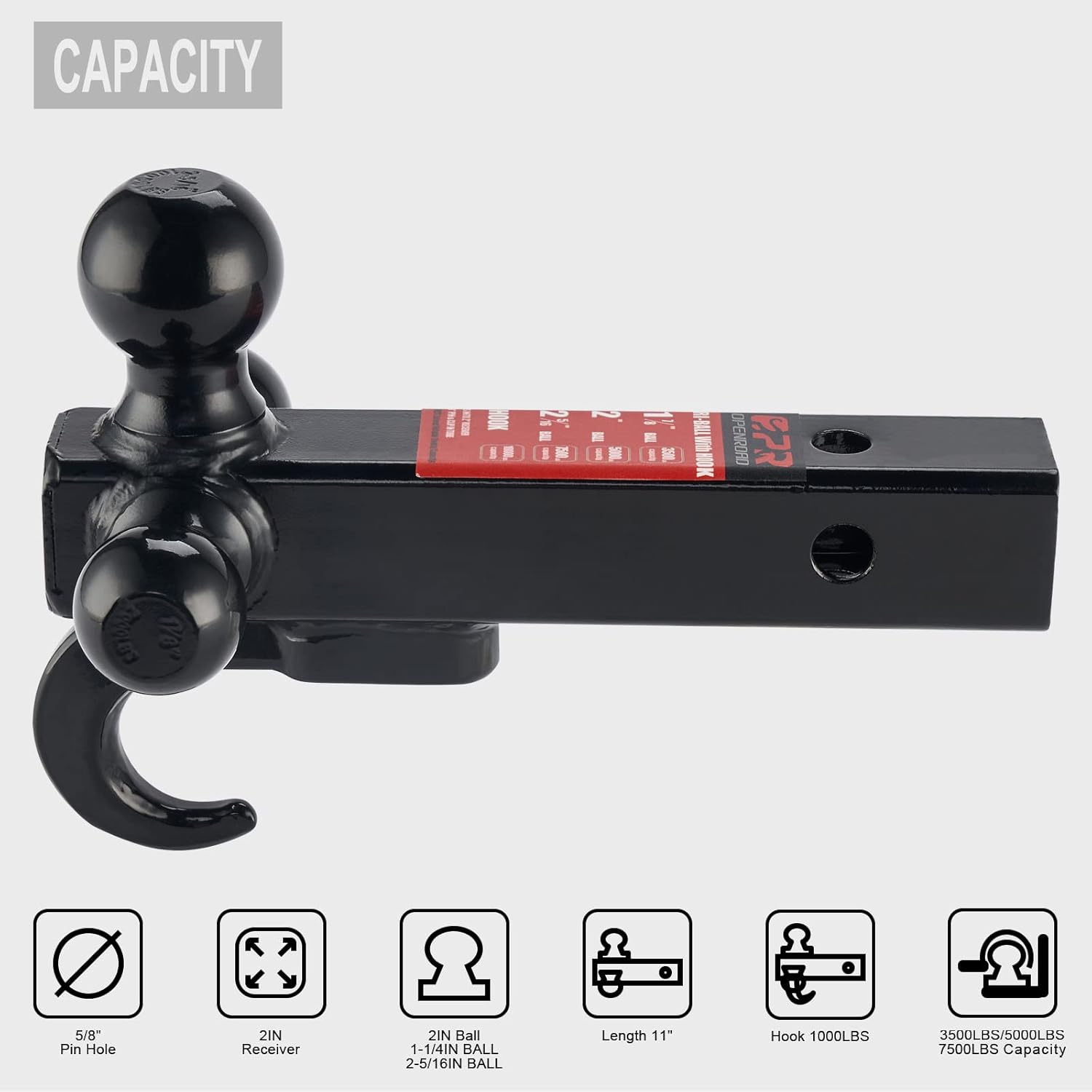 OPENROAD Trailer Hitch Mount Tri Ball Hitch,with Hook 2