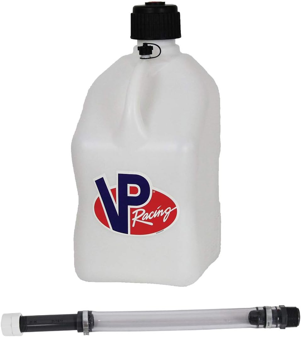 VP Racing 5-Gallon Motorsport Racing Liquid Fuel Jug Utility Can Container and Deluxe 14-Inch Hose with Hose Cap and Rubber Gasket, White Pack of 2