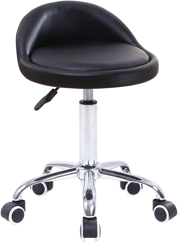 KKTONER PU Leather Round Rolling Stool with Back Rest Height Adjustable Swivel Drafting Work SPA Task Chair with Wheels Black