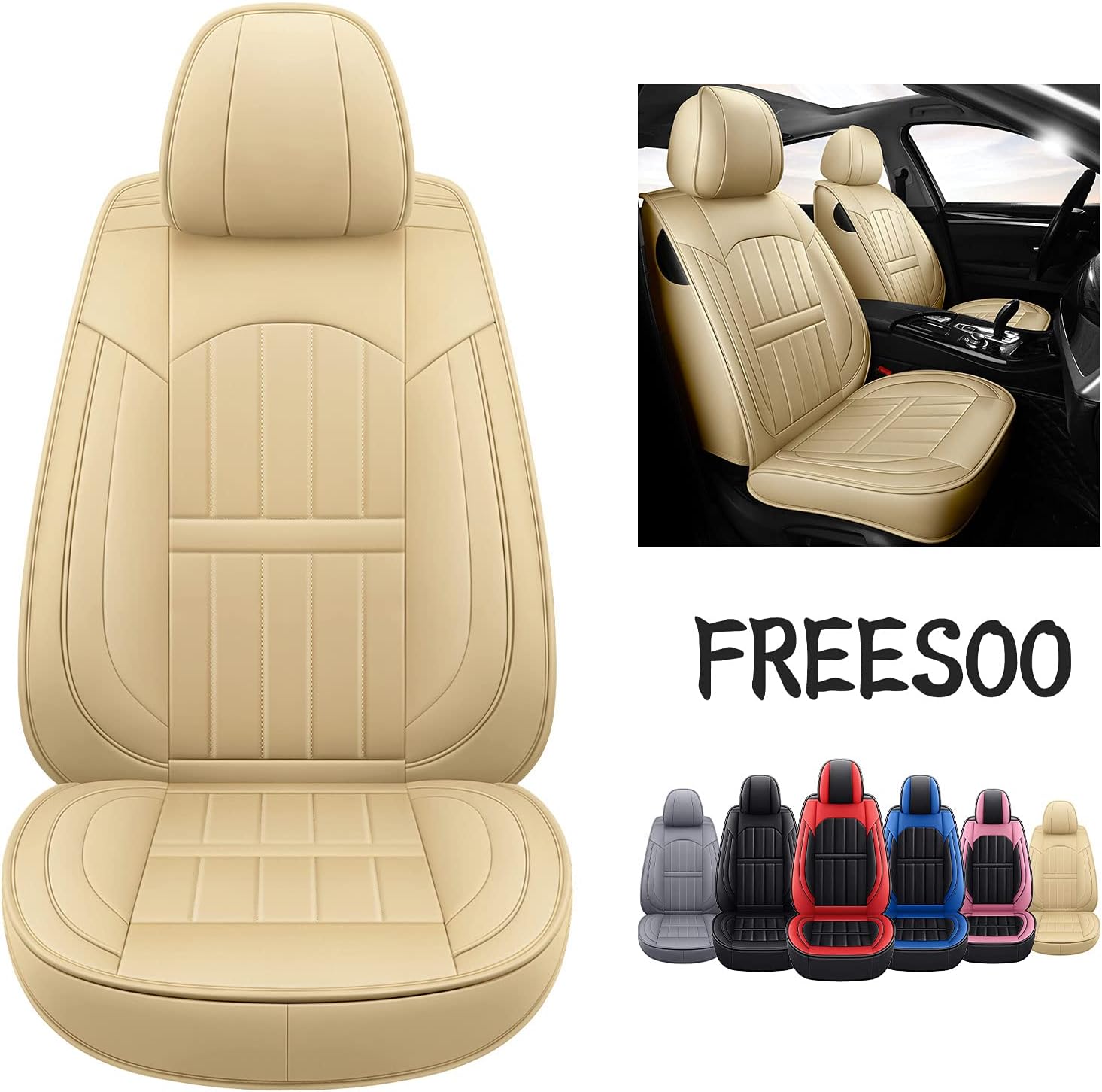 FREESOO Car Seat Covers Leather, Seat Cover Full Set Waterproof Automotive Cushion Protector Accessories Airbag Compatible Universal Fit for 5 Seats Vehicle (Grey 14)