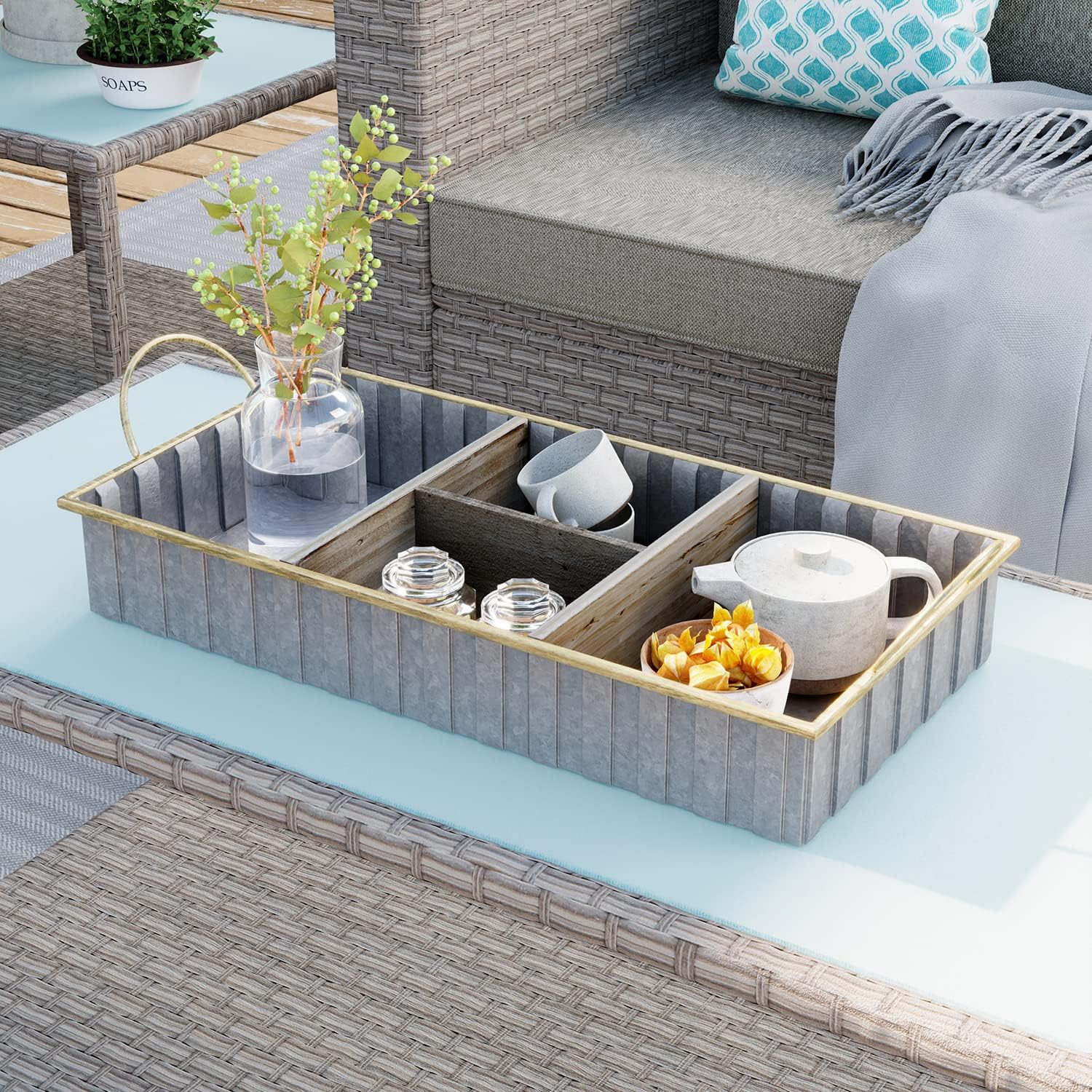 HOMPUS Galvanized Metal Storage Tray with Dividers Rustal Farmhouse Desk Organizer with Handle, Decorative Silverware Drawer Caddy with 4 Compartmentsfor Home, Kitchen, Living Room or Office Pack of 2