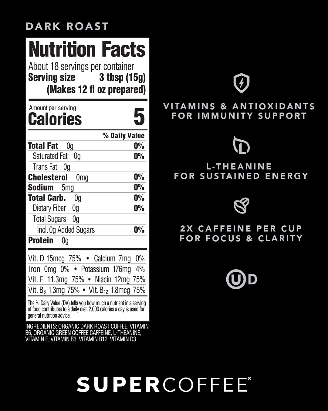 KITU SUPER COFFEE Grounds, Energy & Immunity (2x Caffeine, Vitamins, Antioxidants) [Dark Roast] 10 Oz, 6 Pack | Keto Friendly Ground Coffee, 100% Arabica Coffee Ground Pack of 2