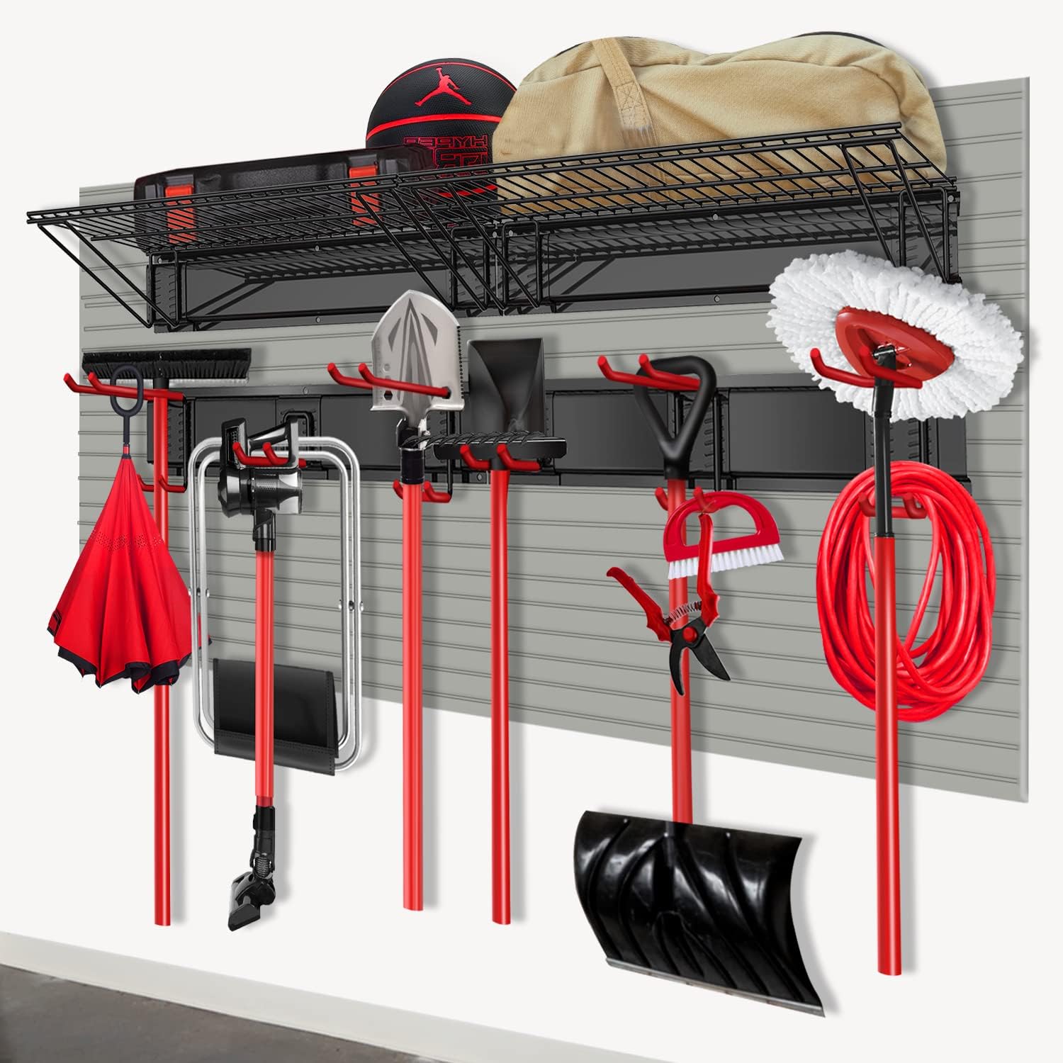 Eillion Heavy Duty Garage Storage Tool Organizer Shelf and Rack System Wall Mounted 48 Inch by 11 Inch Overhead Shelves and 2-Size 6 Movable Hooks, 360lbs Load Capacity Pack of 2