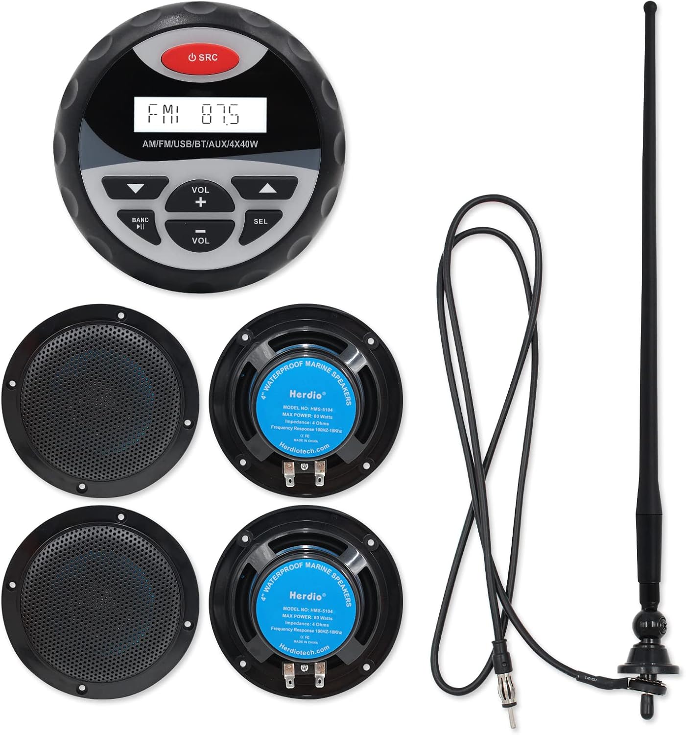 Herdio Marine Bluetooth Receiver Set-AM FM Radio and 4 inch Waterproof Speakers(2 Pairs)+Black Antenna for Boat Yacht ATV UTV