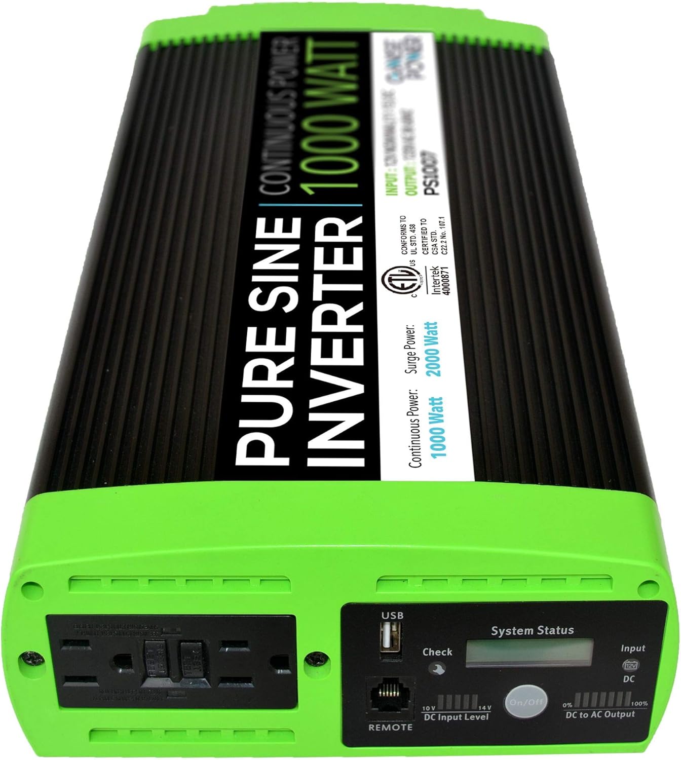 GoWISE Power 1000W Continuous 2000W Surge Peak Power Pure Sine Wave Inverter w/Digital LCD Display, Black/Green (PS1007)