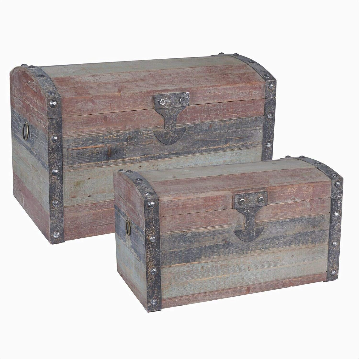 Deven 2 Piece Wooden Storage Trunk Set, Artful Weathered Finish with Muted Color and Metal Accents on lid and Corners, Overall Product Weight: 26.7 lb.