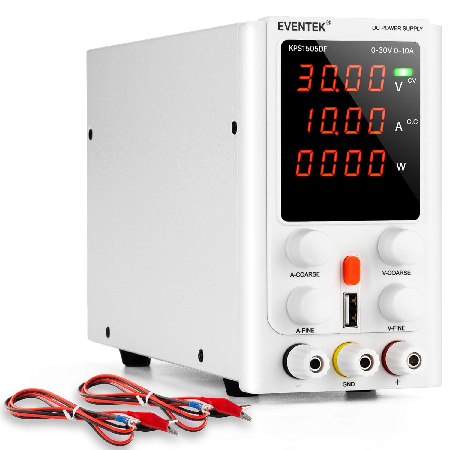 DC Power Supply Variable 30V 10A, eventek Adjustable Switching DC Regulated Bench Power Supply with 4-Digits LED Display, USB Interface, Alligator Cord/Test Lines (30V 10A, White)