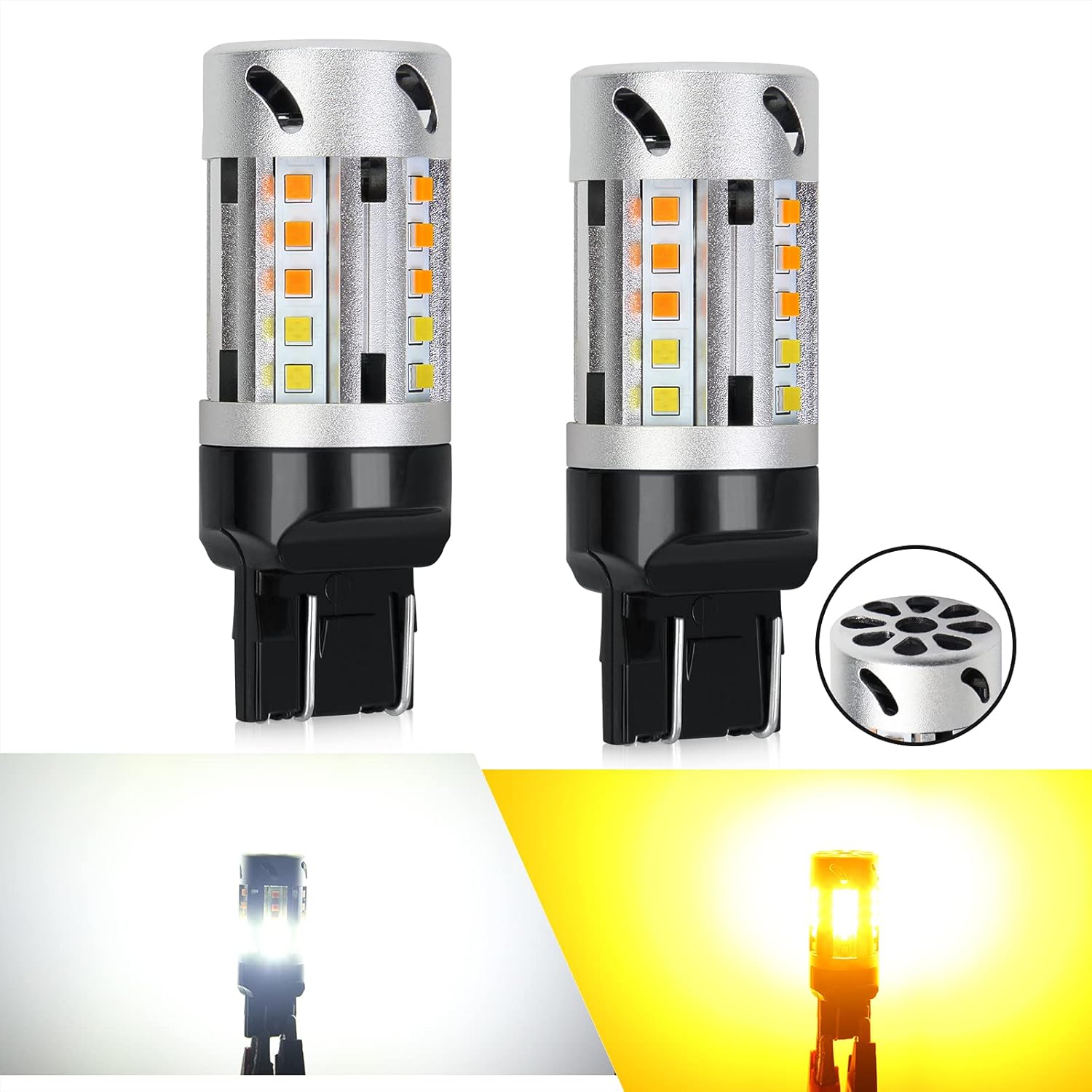 7443 Switchback Led Bulbs With Cooling Fan, Canbus Error Free Built In Resistor,25-Led, Amber Turn Signal Light, White Side Light, 12-24V, 360 Luminous, 2PC Pack Bulb (F4S 7443-25SMD)