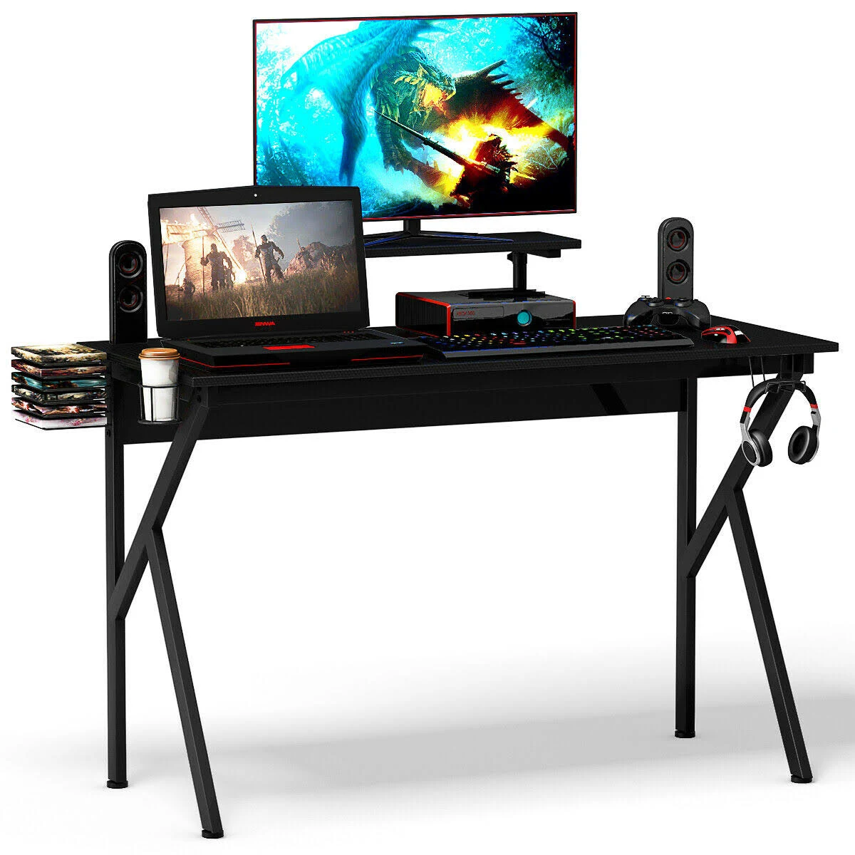 Gymax Gaming Desk Computer Desk PC Table Workstation with Cup Holder u0026 Headphone Hook, Black