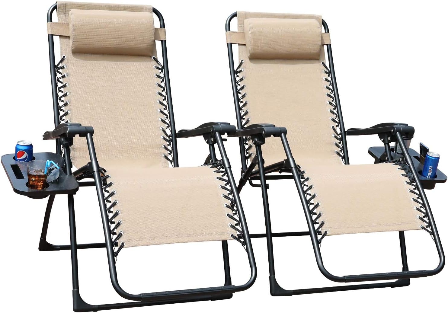 GOLDSUN Zero Gravity Chair Patio Folding Lawn Lounge Chairs Outdoor Foldable Camp Reclining Lounge Chair with sidetable for Backyard Porch Swimming Poolside and Beach Set of 2 (Beige)