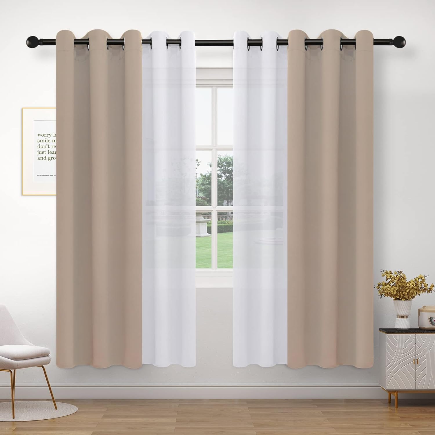 PureFit Set of 4 Curtain Panels - Mix and Match Sheer White Curtains & Blackout Curtains for Bedroom and Living Room, Thermal Insulated Room Darkening Grommet Window Drapes, 42 x 63 inch/Panel, Beige