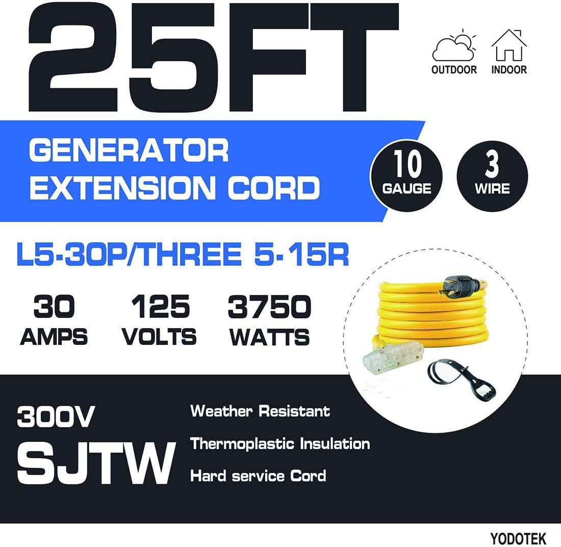 25 Feet Heavy Duty Generator Extension Cord,Generator Locking Cord,NEMA L5-30P/Three 5-15R, 3 Prong 10 Gauge Flexible Generator Cable, Generator Power Cord,30Amp 3750 Watts Yodotek Pack of 2