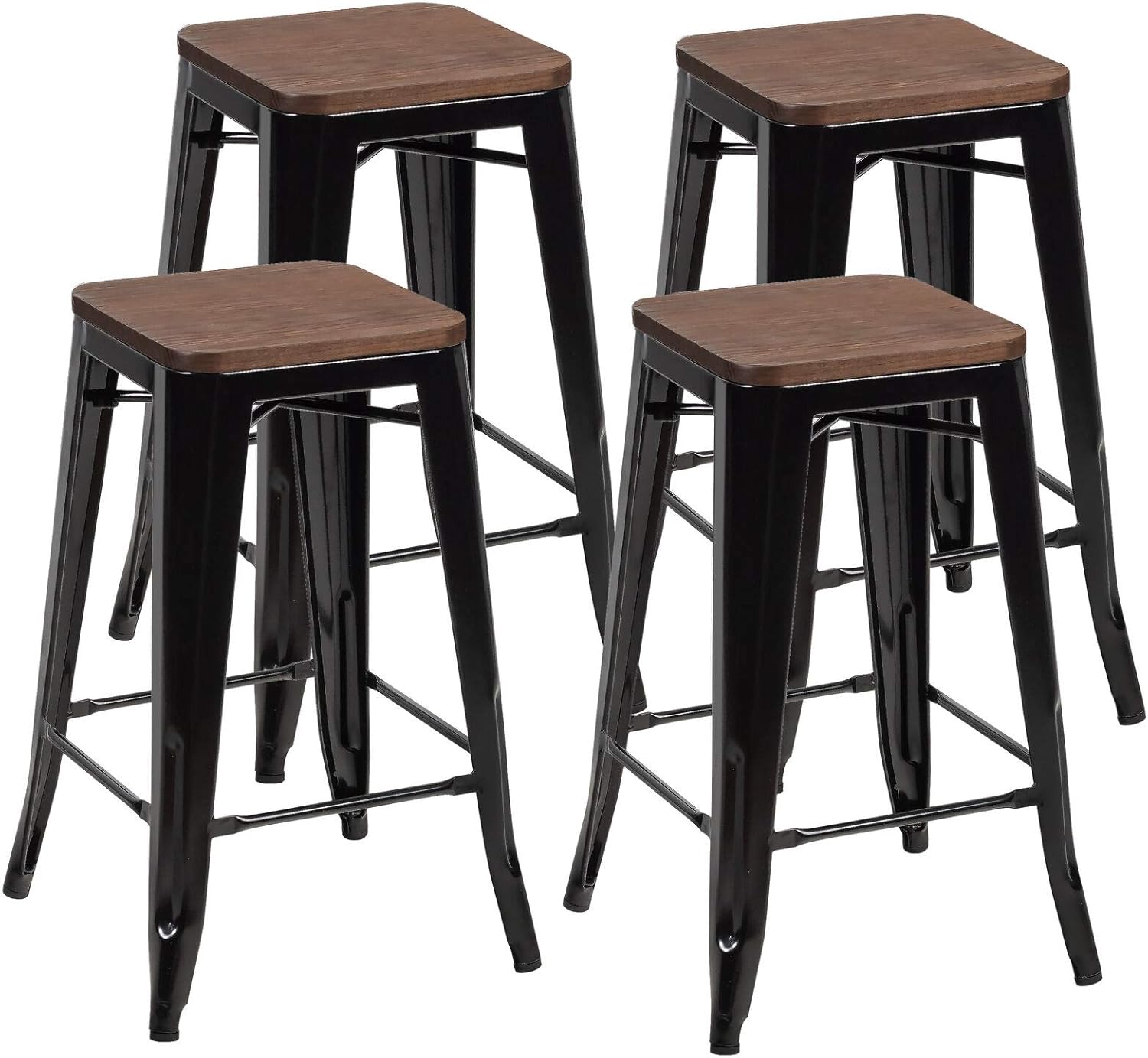 COSTWAY 26 inch Metal Bar Stool Set of 4, Counter Height Backless Stool with Wooden Seat, Solid Iron Legs with Footrest, Industrial Stackable Bar Stool for Dining Room, Living Room, Kitchen, Black (4)