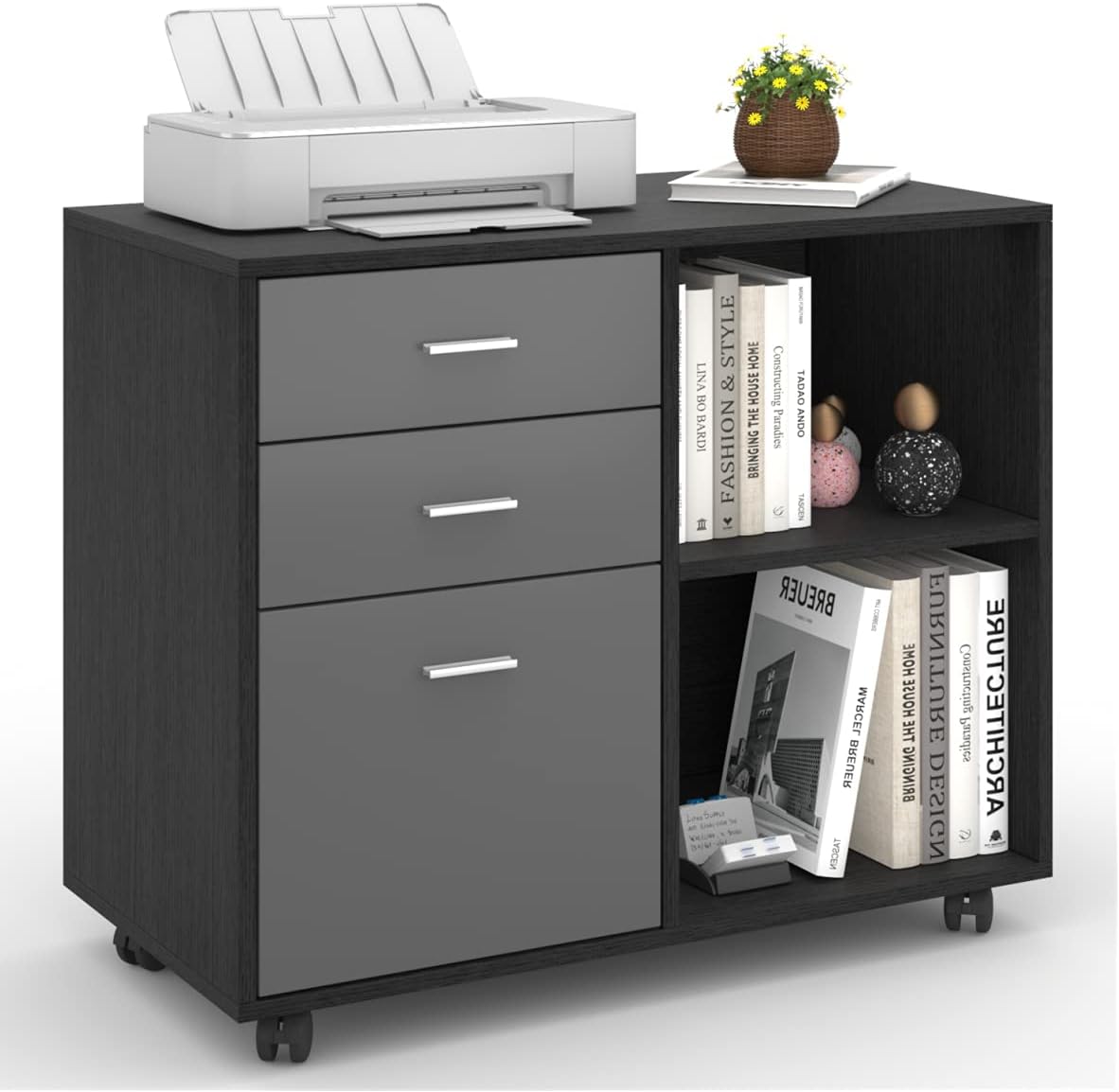 File Cabinet with Drawer & Shelves | Williamspace | Lateral Office File Cabinets for Printer Stand with Storage | Mobile Home Office File Cabinet on Wheels (Black Oak + Dark Grey)