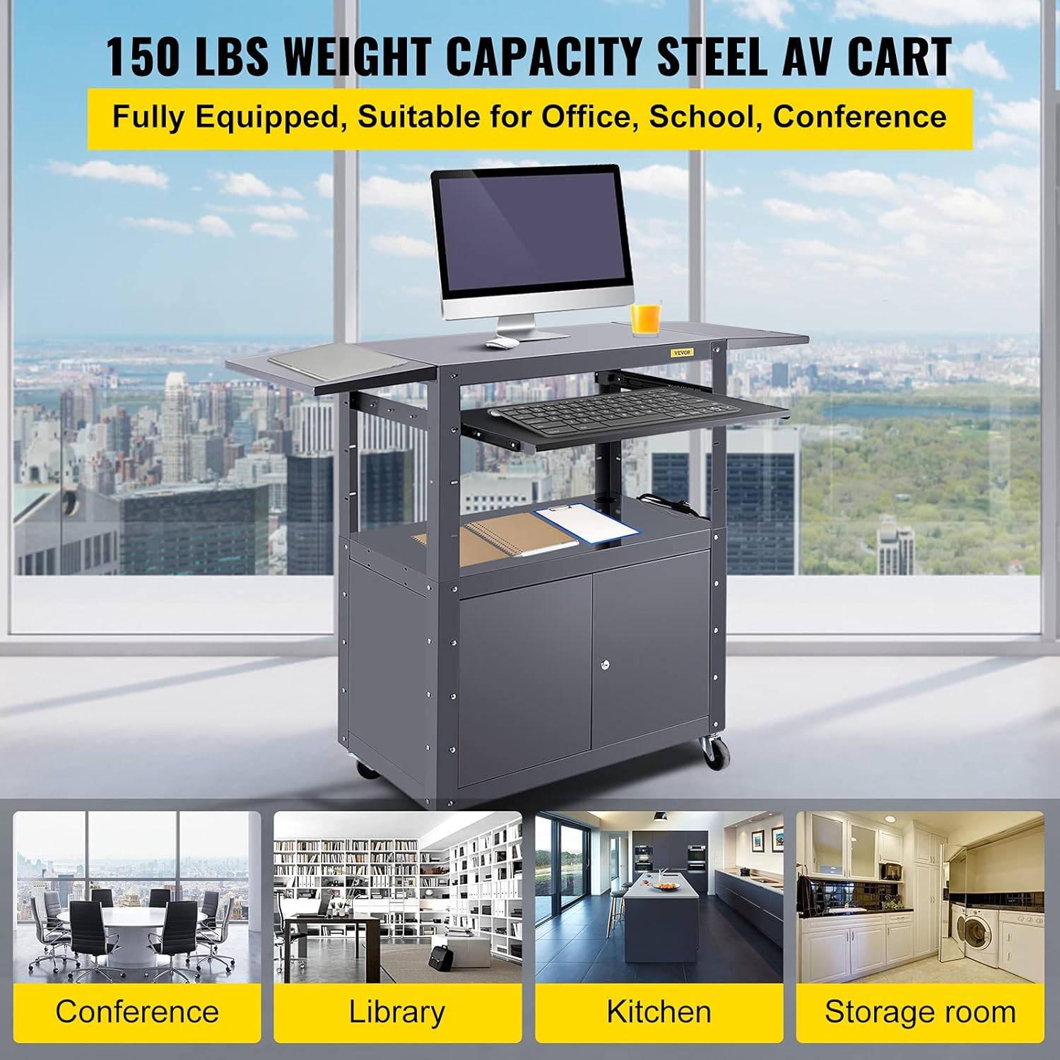 VEVOR AV Cart, 27-41 inch Height Adjustable Media Cart with 2 Drop Leaves, 150 LBS Capacity Presentation Cart with A Locking Cabinet, 33 x 18 inch Widened Steel Projector Cart with A Keyboard Tray