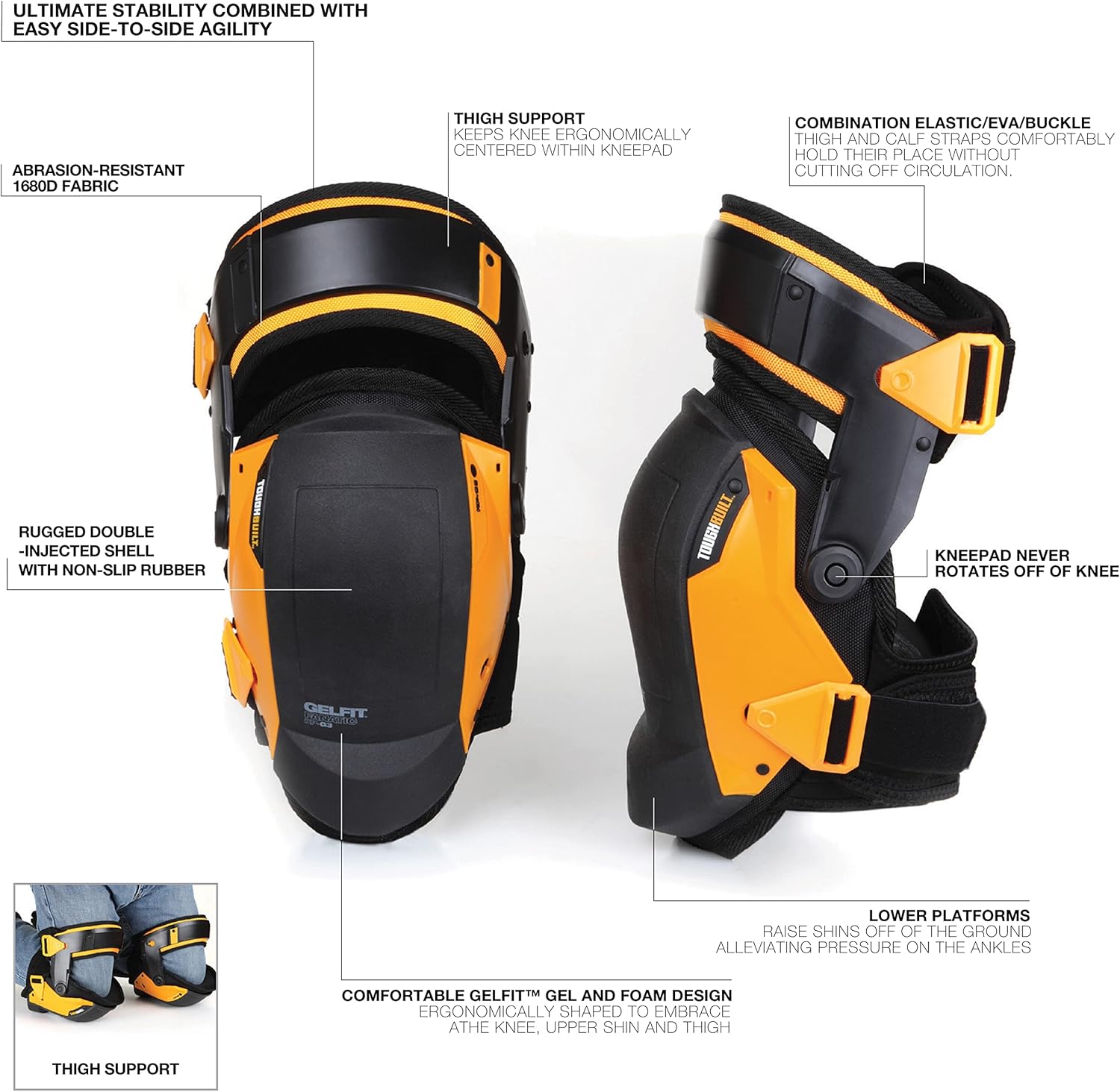 ToughBuilt - Gelfit Thigh Support Stabilization Knee Pads - Heavy Duty, Comfortable and Adjustable - (TB-KP-G3) Pack of 2