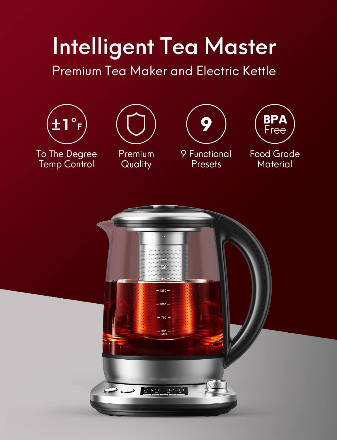 Electric tea kettle 1.7L glass teapot, Smart tea maker with level temperature control, 100% stainless steel inner lid, Heat transfer unit & bottom, Auto off & Anti-boil protection Boiling, BPA free Pack of 2